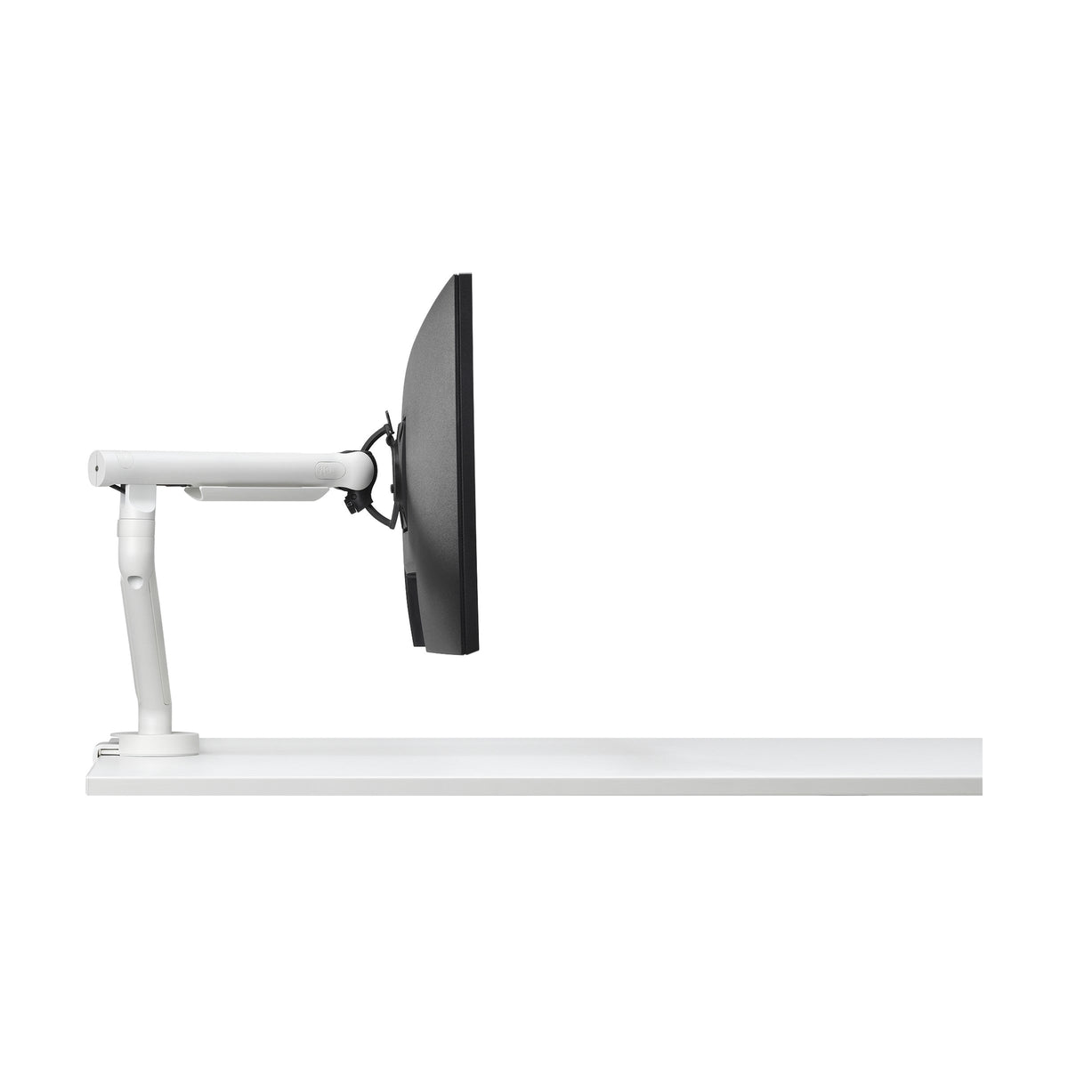 Flo Monitor Arm in White with a curved screen, side profile
