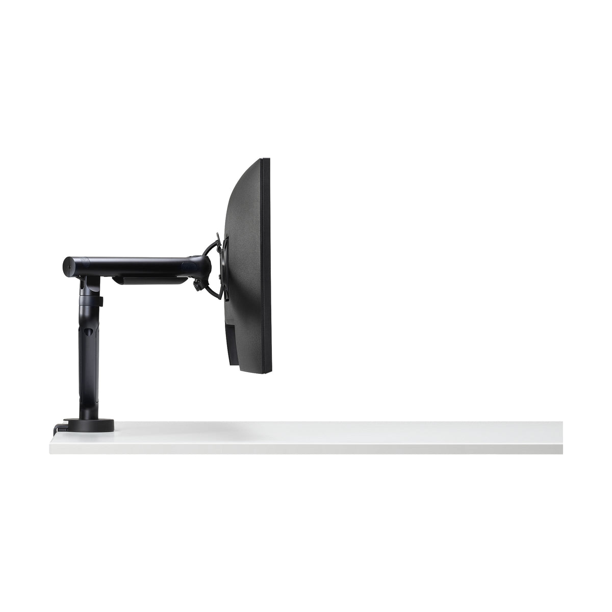Flo Monitor Arm in Black with a curved screen, side profile