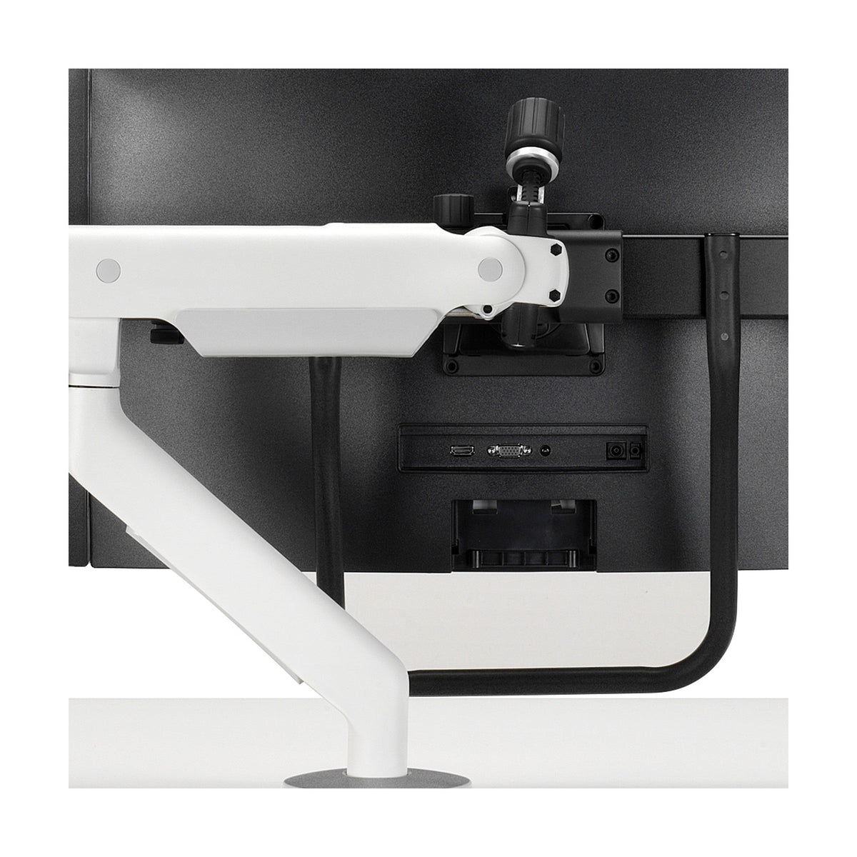 Flo X Multi Monitor Arm in White, detail of the arm and screen mount