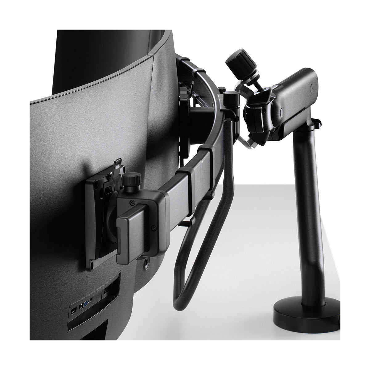 Flo X Multi Monitor Arm in Black, detail of the arm and D ring tilt