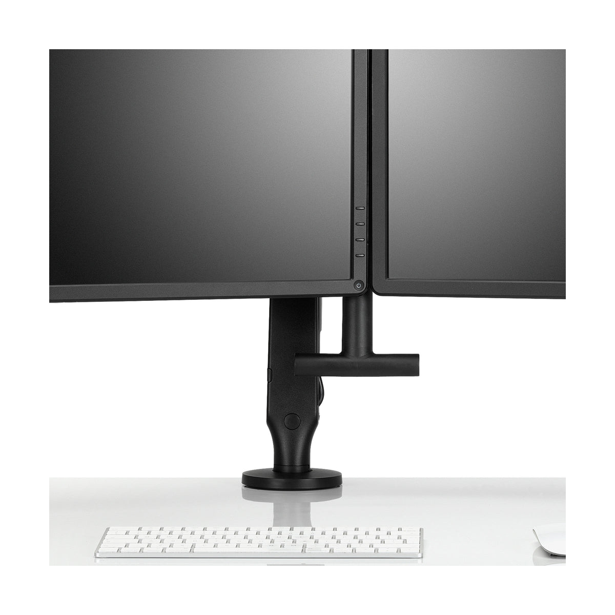 Ollin Dual Monitor Arm carrying two screens, front view
