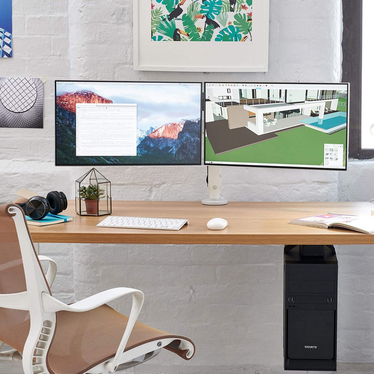 cbs-ollin-dual-monitor-arm in a styled interior