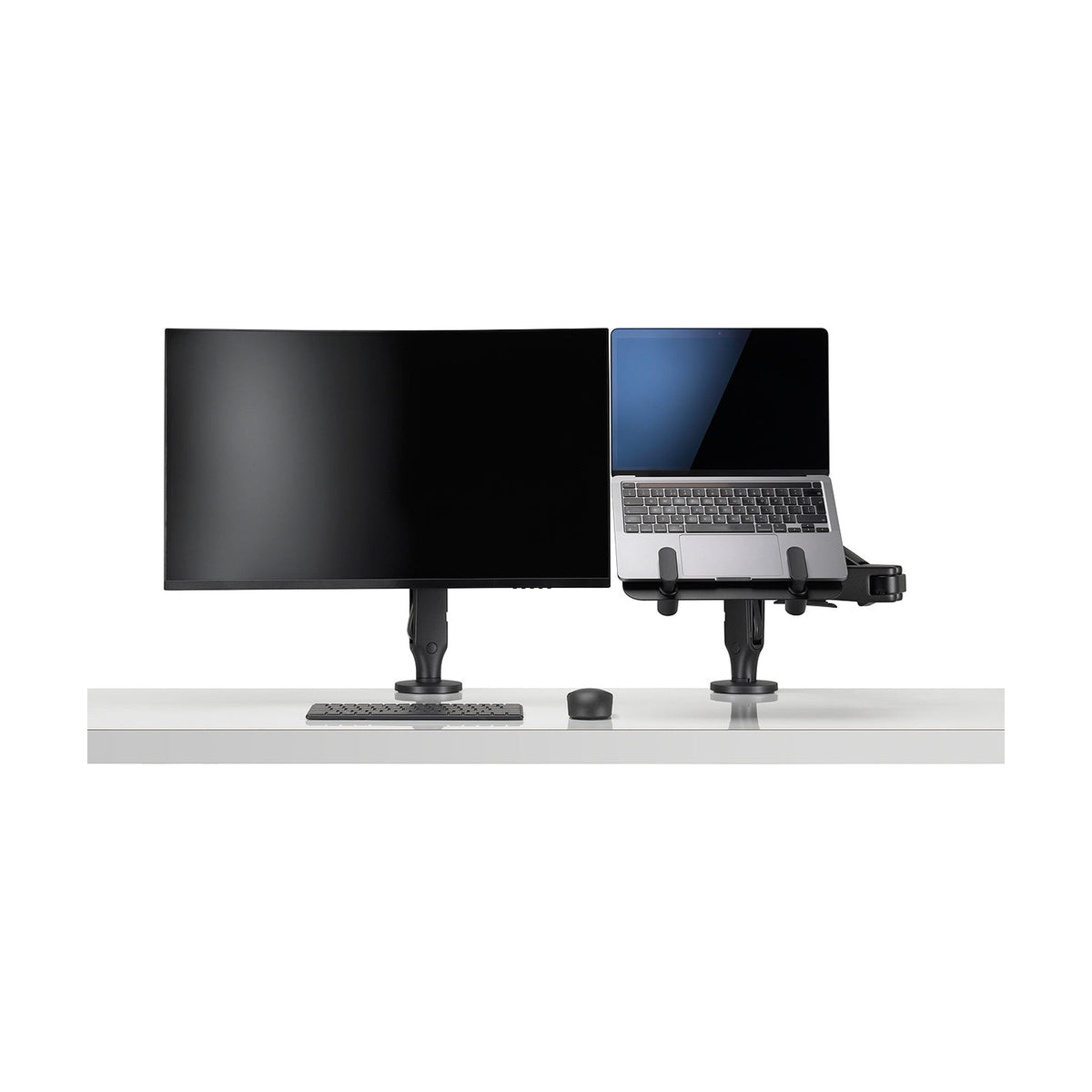 Ollin Laptop and Tablet Mount in Black holding a laptop beside a monitor, front view