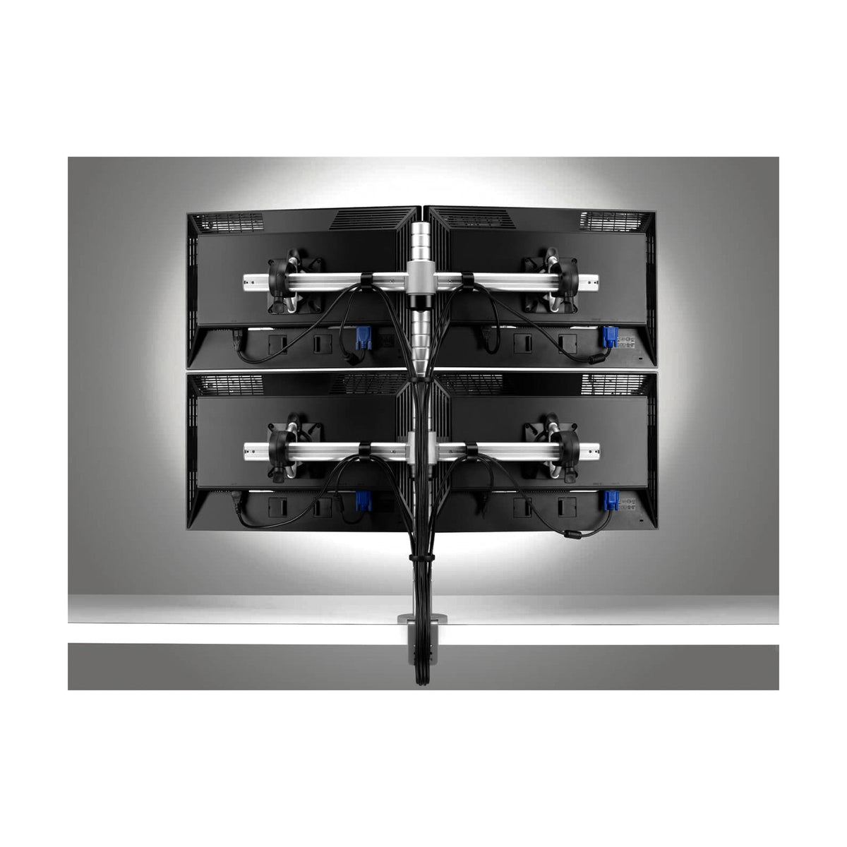 Wishbone Dual Bar Monitor Arm, rear view of two screens on one post