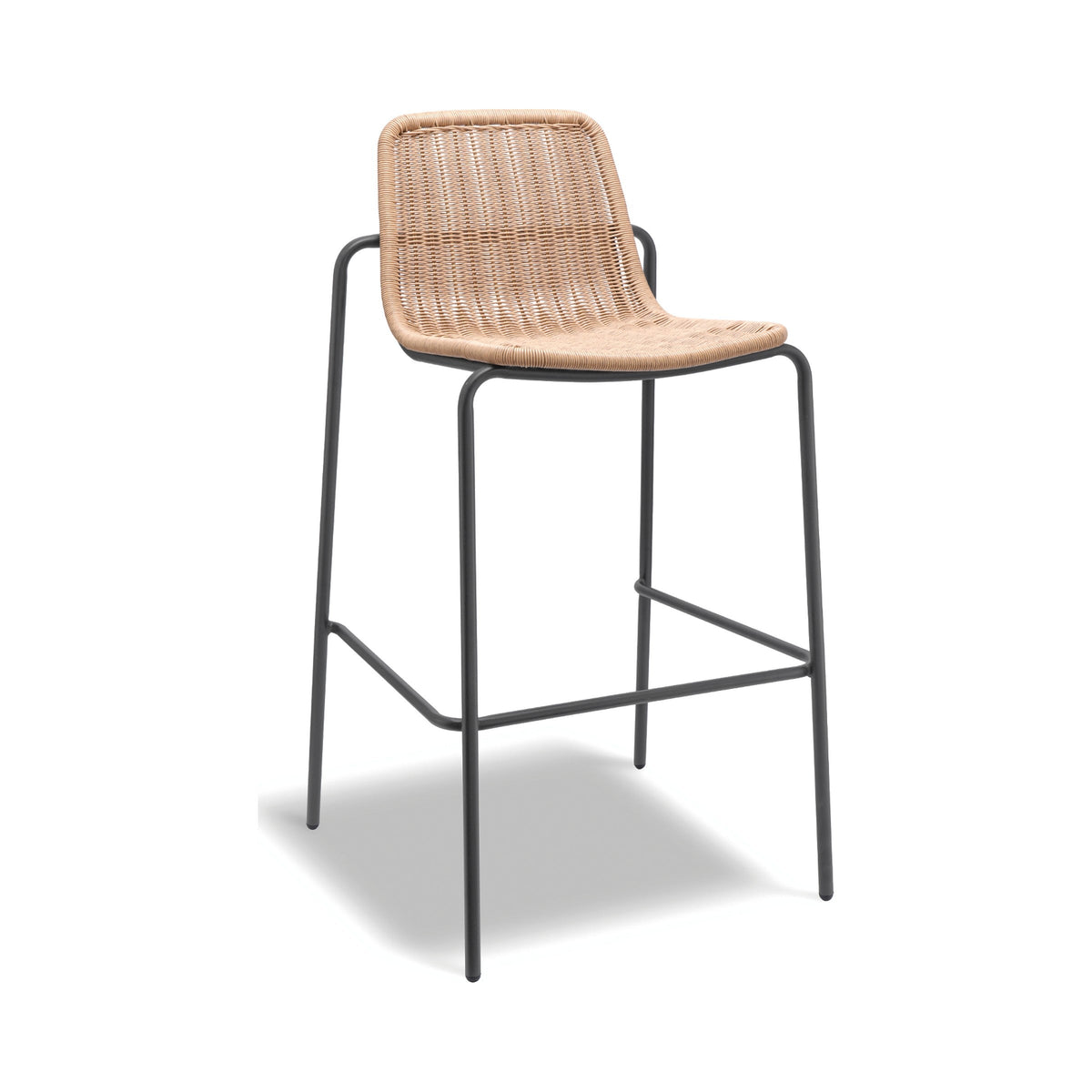 Cenote bar stool with natural rattan seat and charcoal frame, three-quarter view