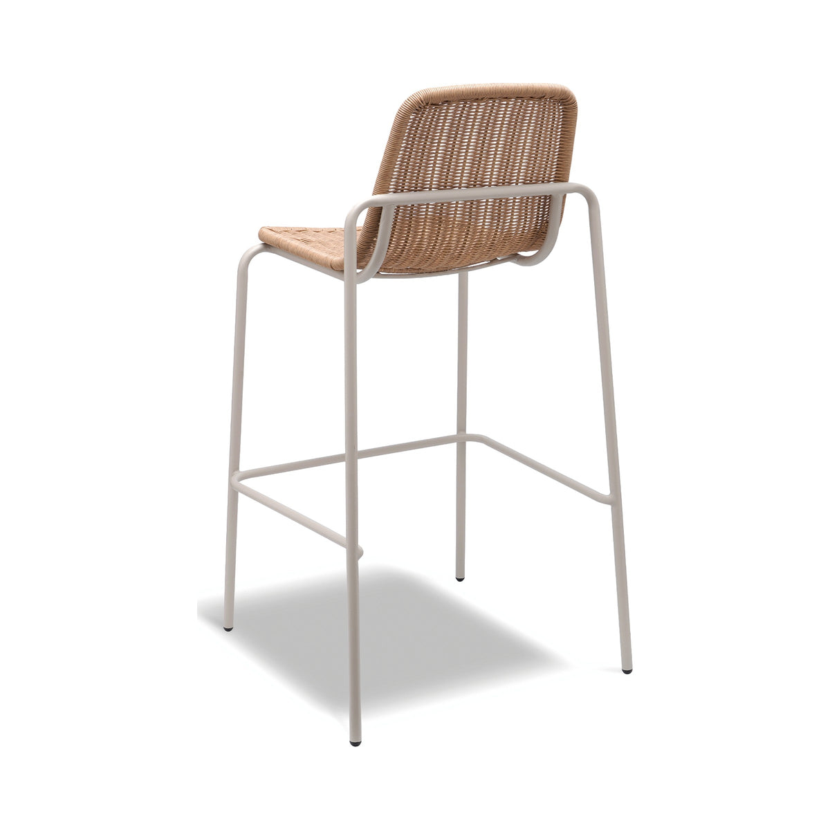 Cenote bar stool with natural rattan seat and latte frame, rear three-quarter view