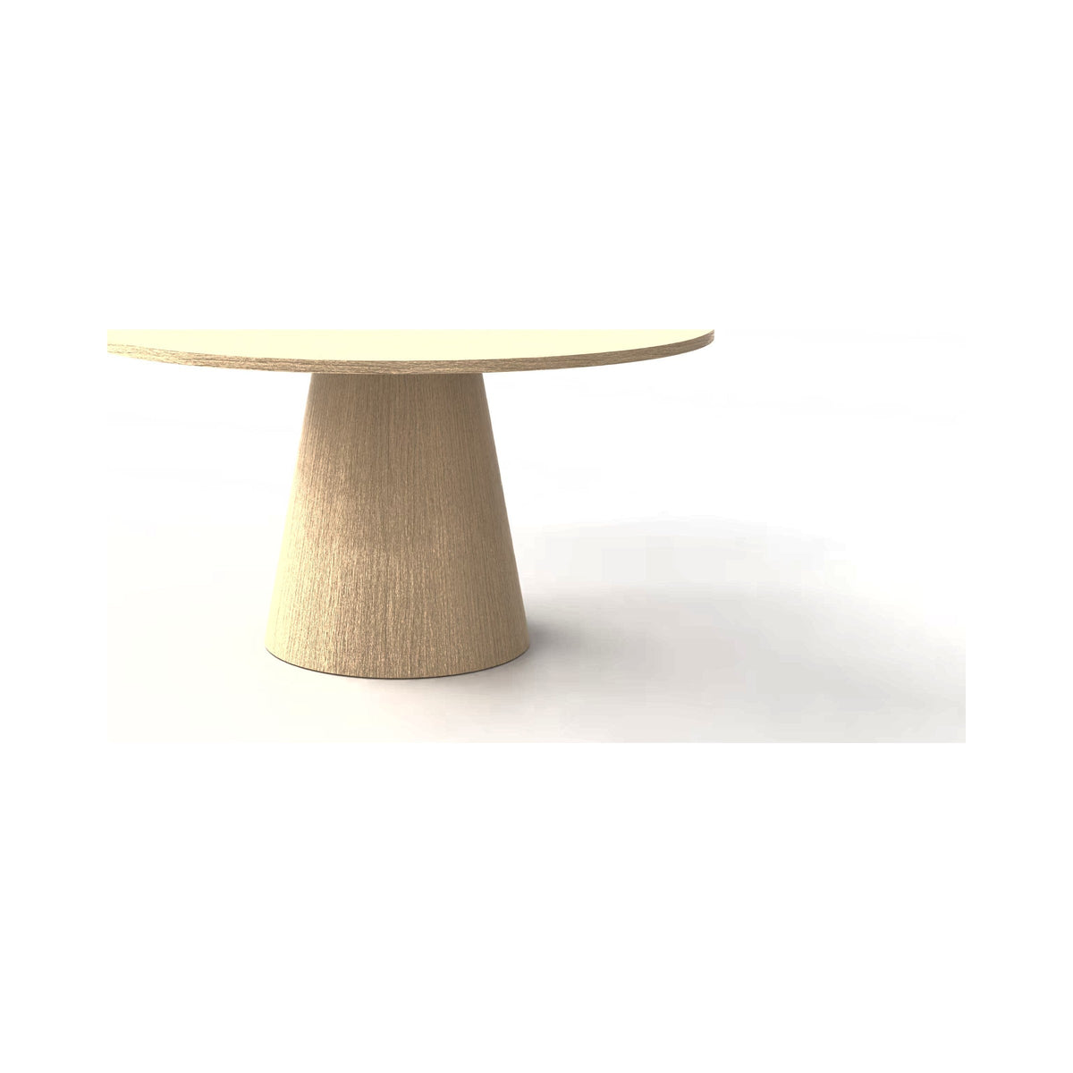 Cone Table Base wrapped in timber-look laminate with a round timber-look top