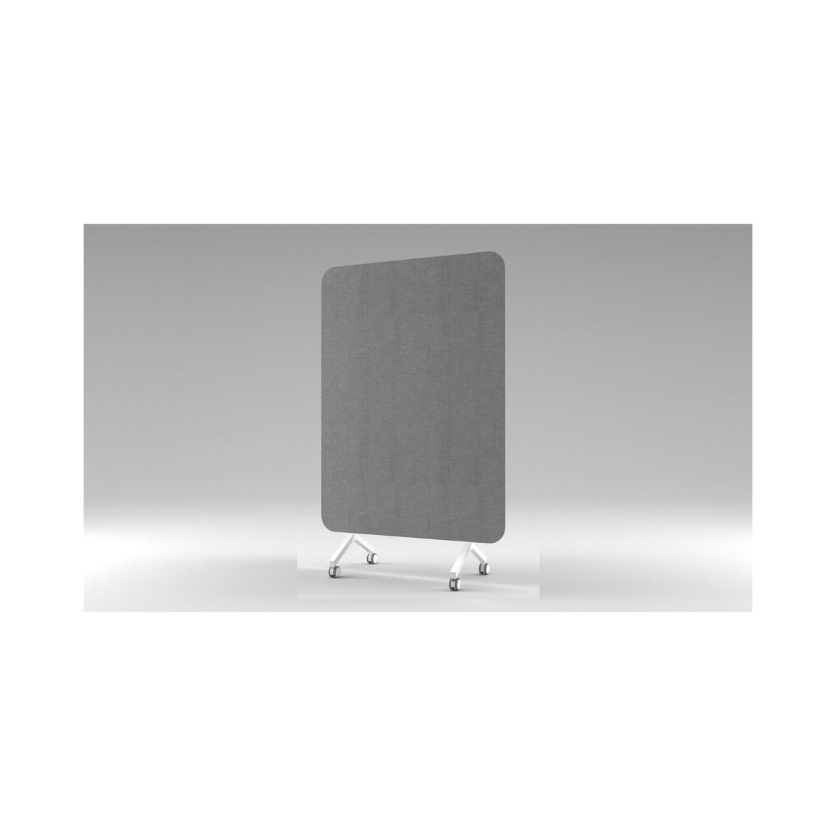 Curved mobile whiteboard, grey fabric pinboard side, on castors
