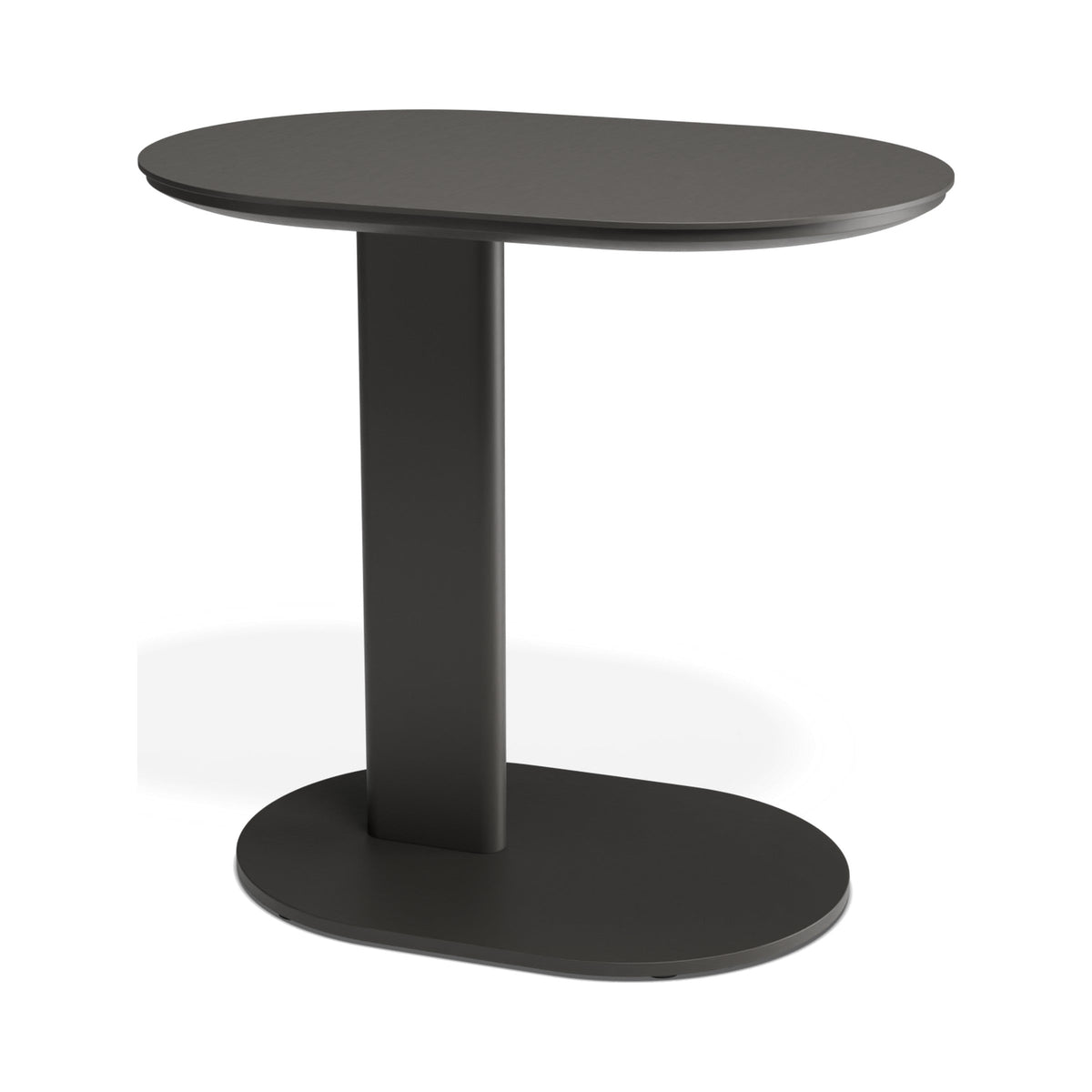Deck outdoor side table in charcoal, three-quarter view