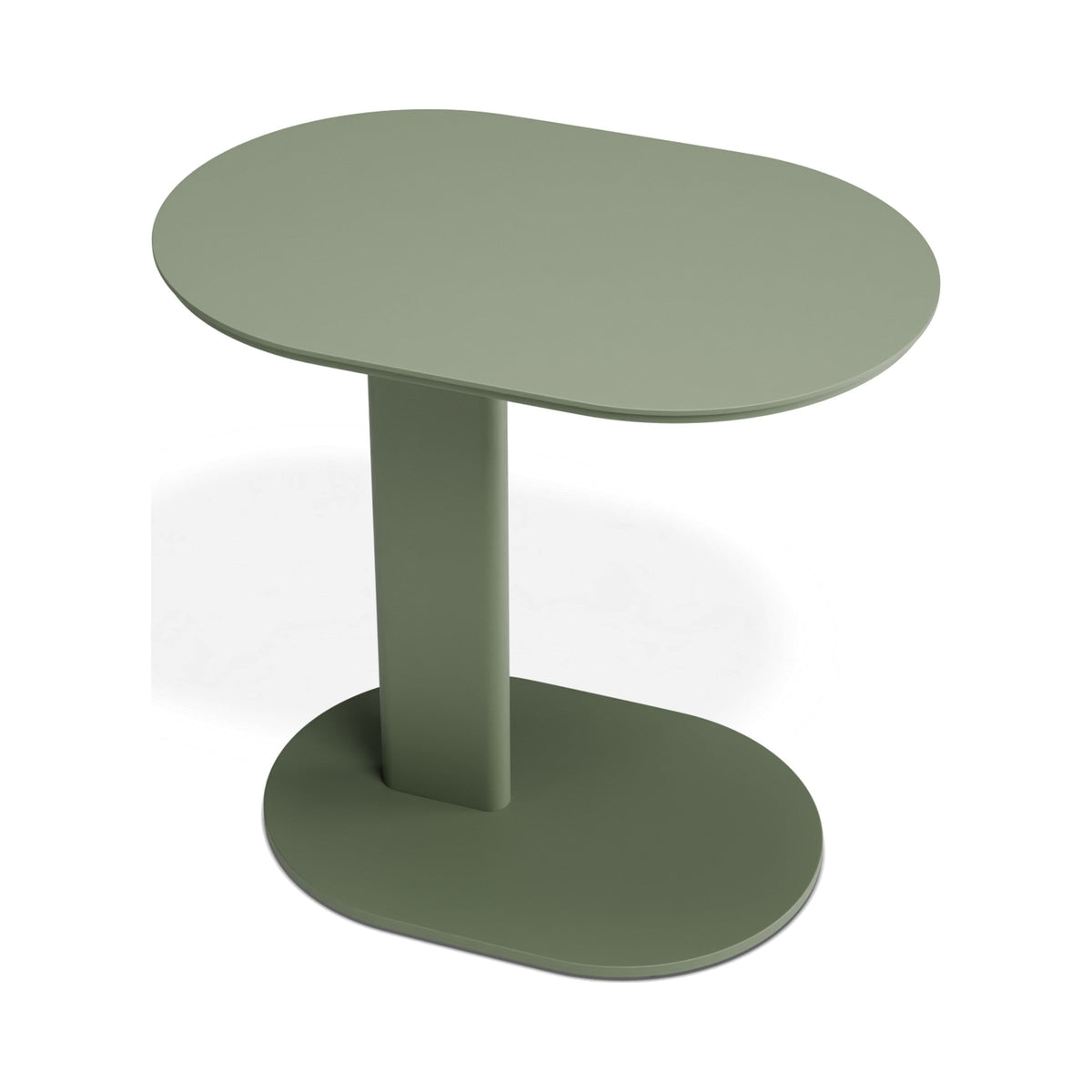 Deck outdoor side table in eucalyptus green, viewed from above