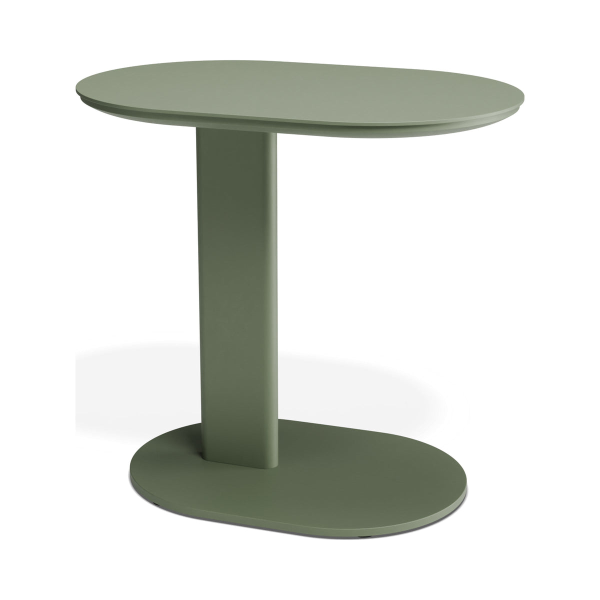 Deck outdoor side table in eucalyptus green, three-quarter view