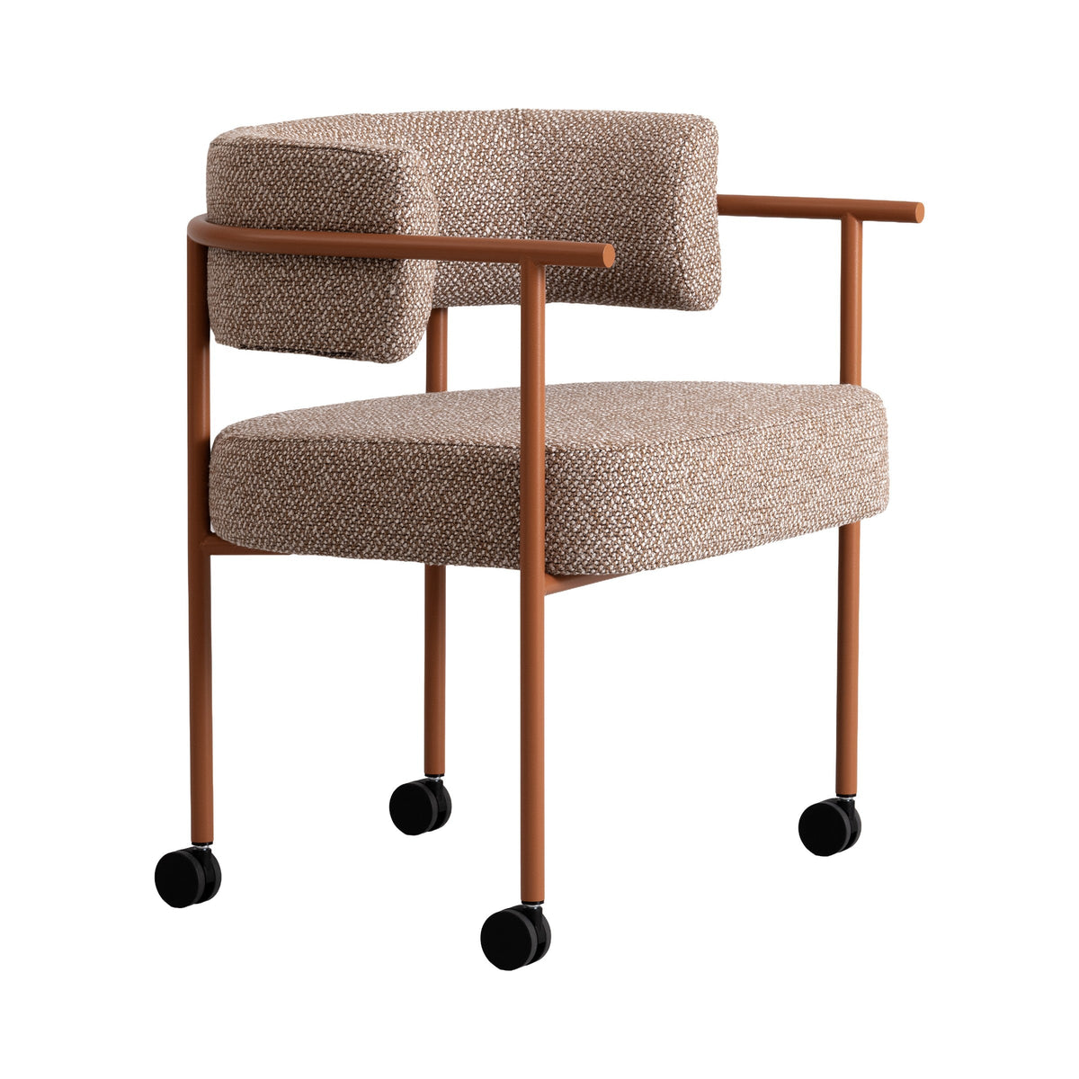 Fly Chair with orange frame and castors, side view