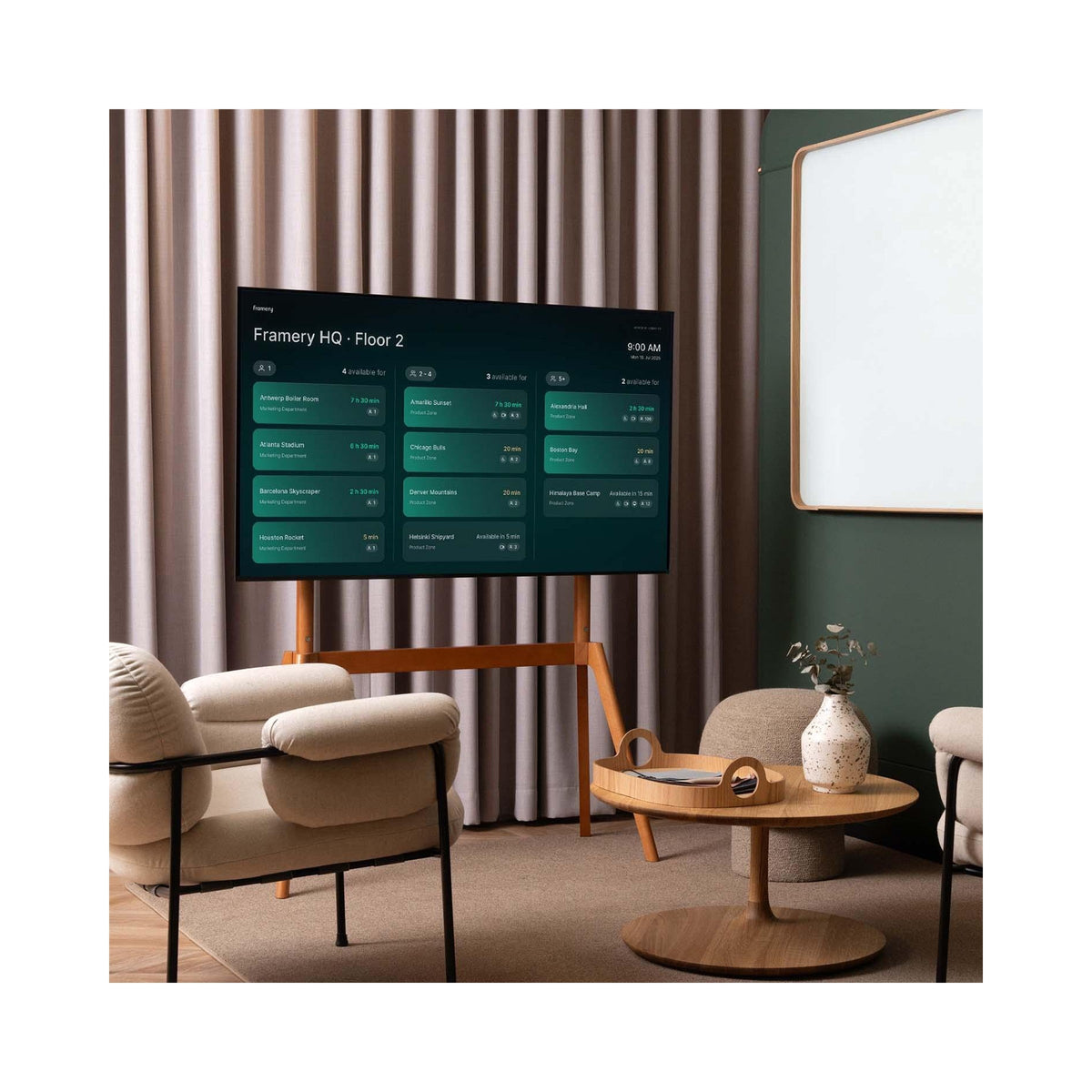Framery Space Overview on a screen in a lounge