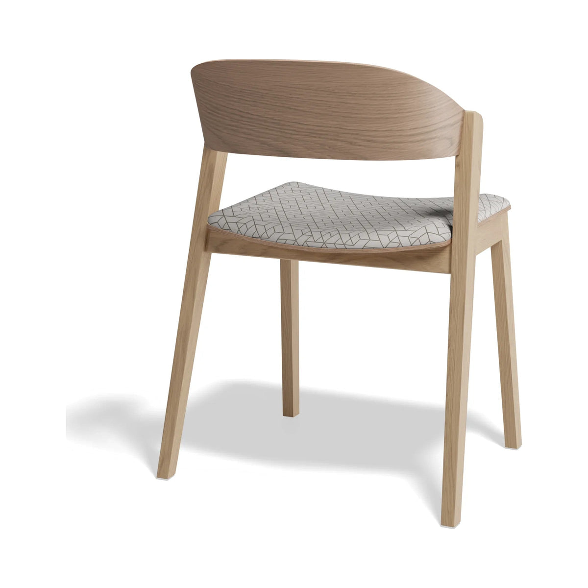 Grayson Dining Chair in natural oak with a patterned seat pad, rear three-quarter view