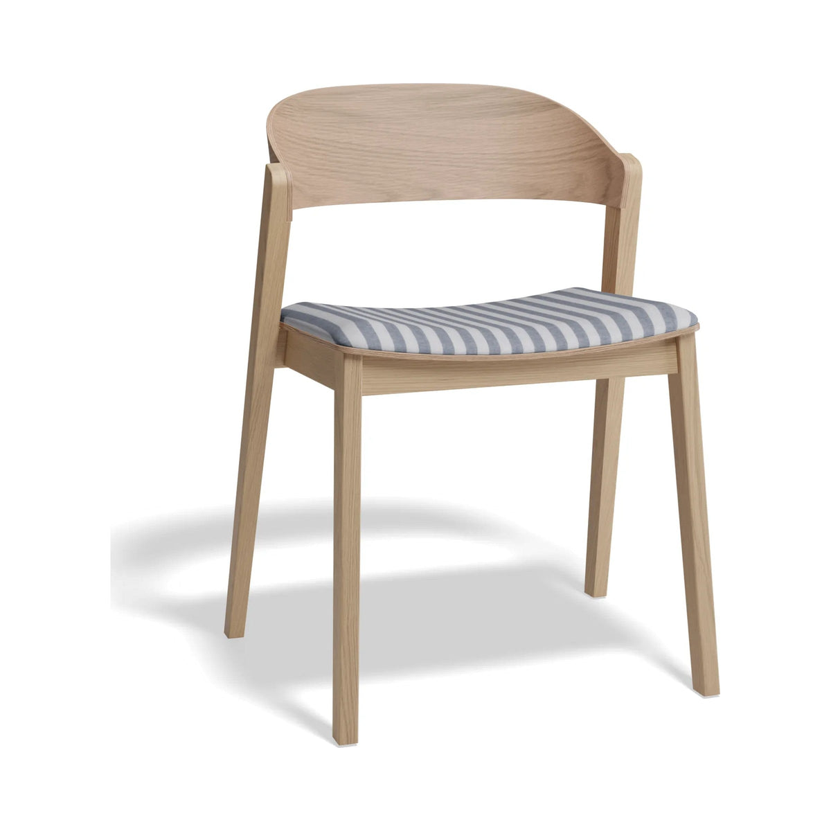 Grayson Dining Chair in natural oak with a blue and white striped seat pad