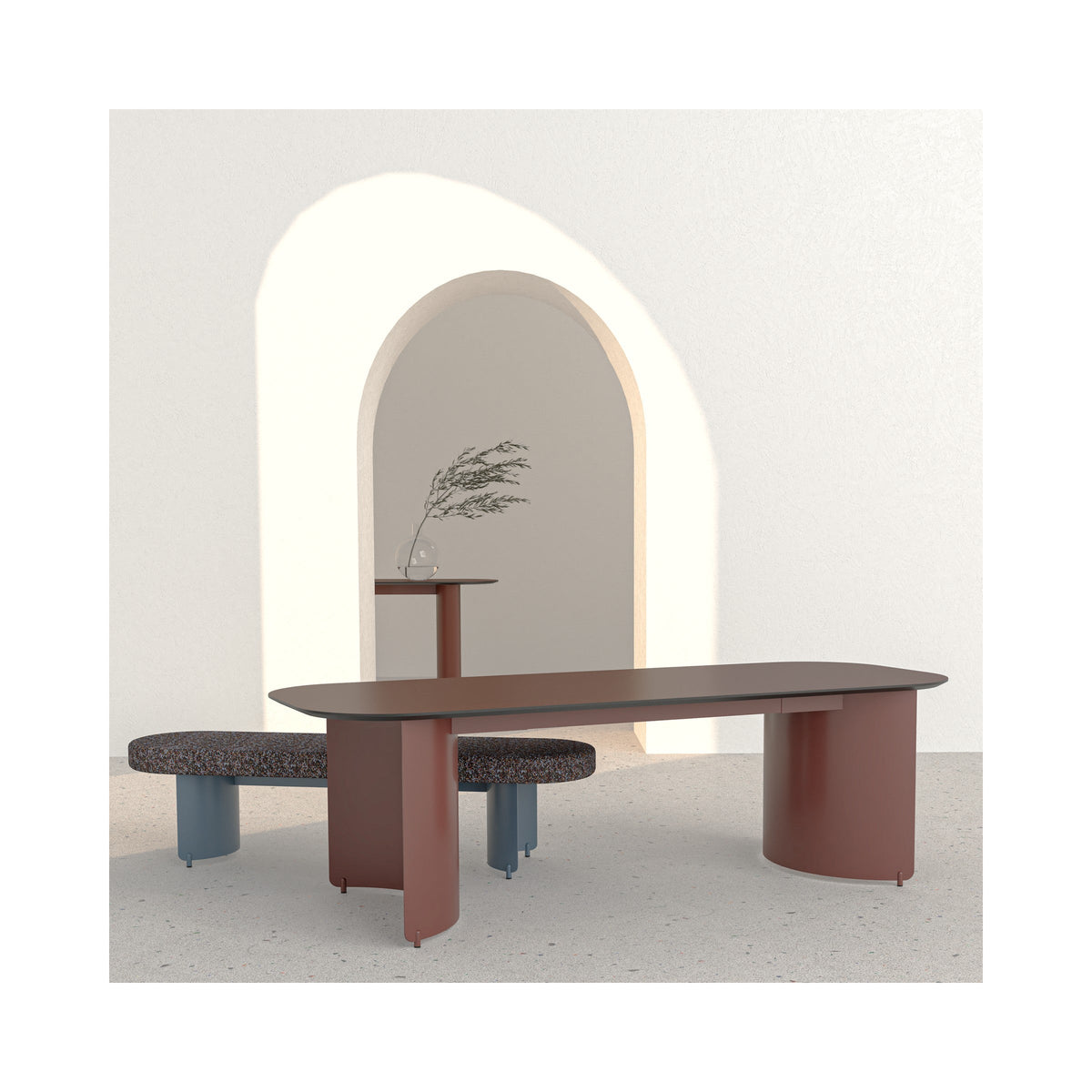 HALFMOON Table with bench in brown