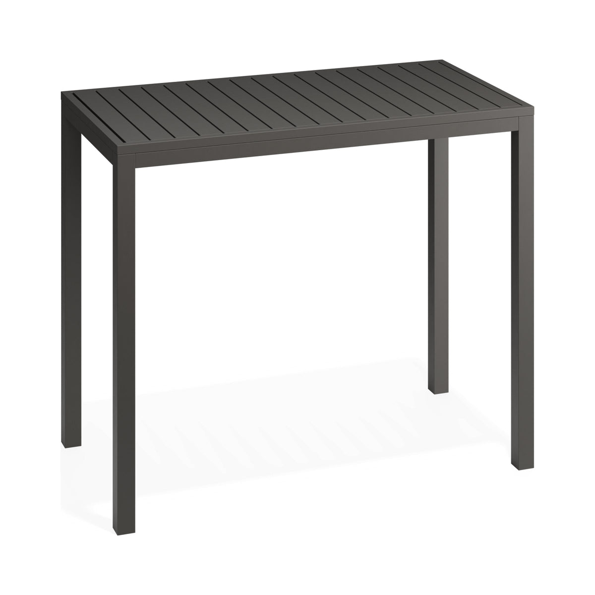 Halki 1250 mm high bar table in charcoal, three-quarter view