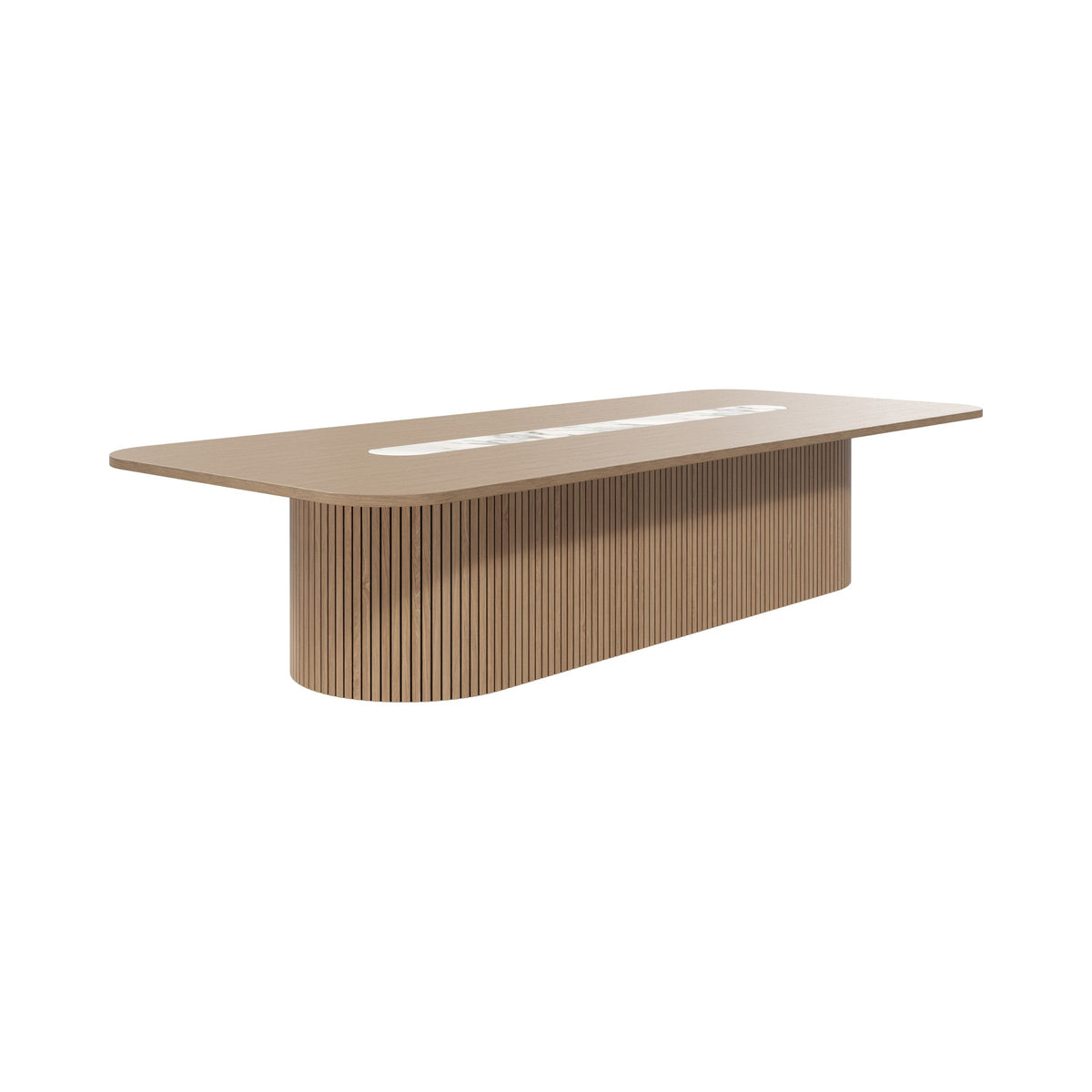 Harmony full boardroom table with a fluted base and a light inlay, side view