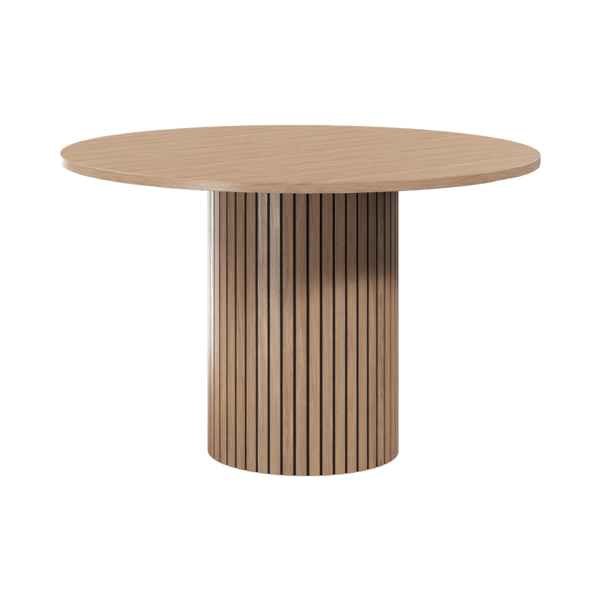Harmony round table with a fluted oak-look base, front view