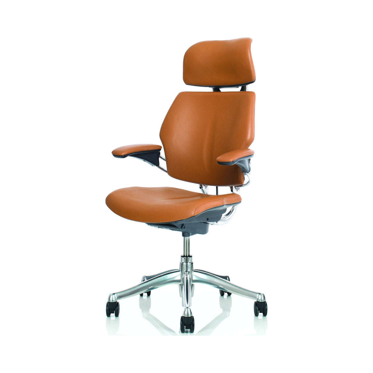 Freedom Headrest chair in tan leather on a polished base