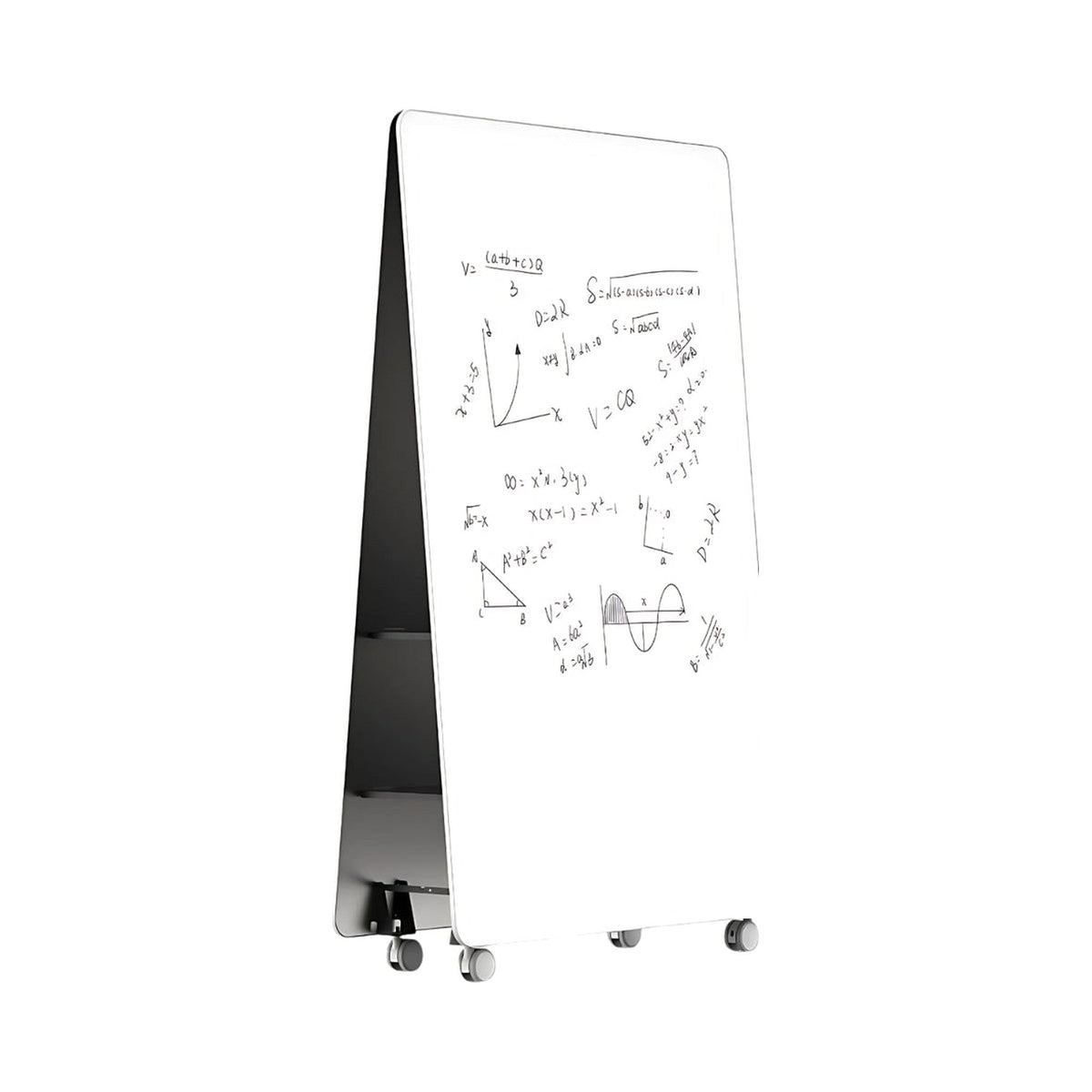 JART Mobile A-Frame Whiteboard open, with the internal shelves in use