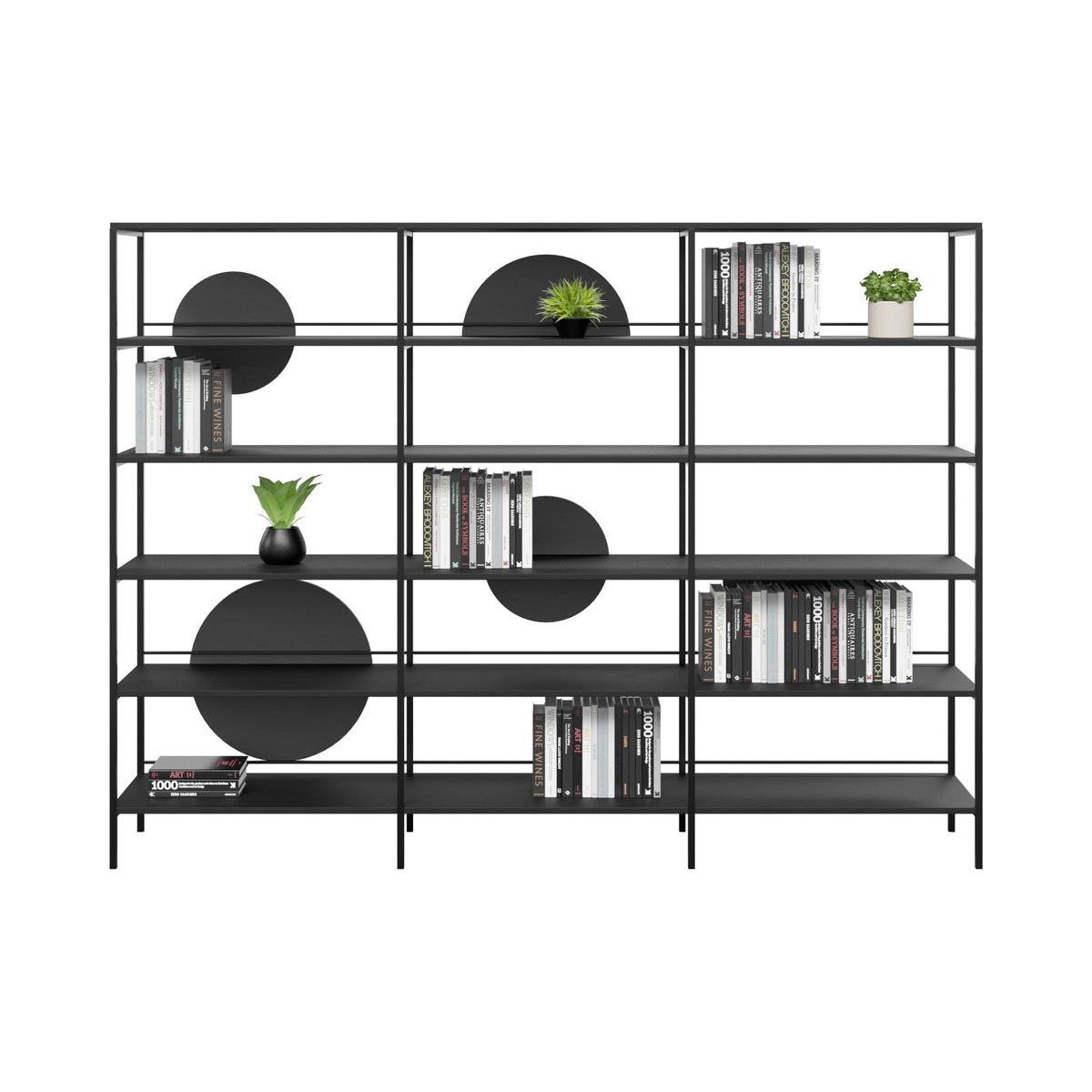 Kiko welded display unit in black with circle panels, styled with books and plants