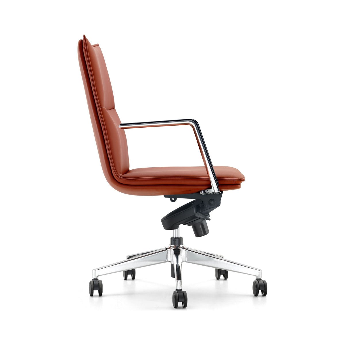 Komfort chair in brown PU with a polished base