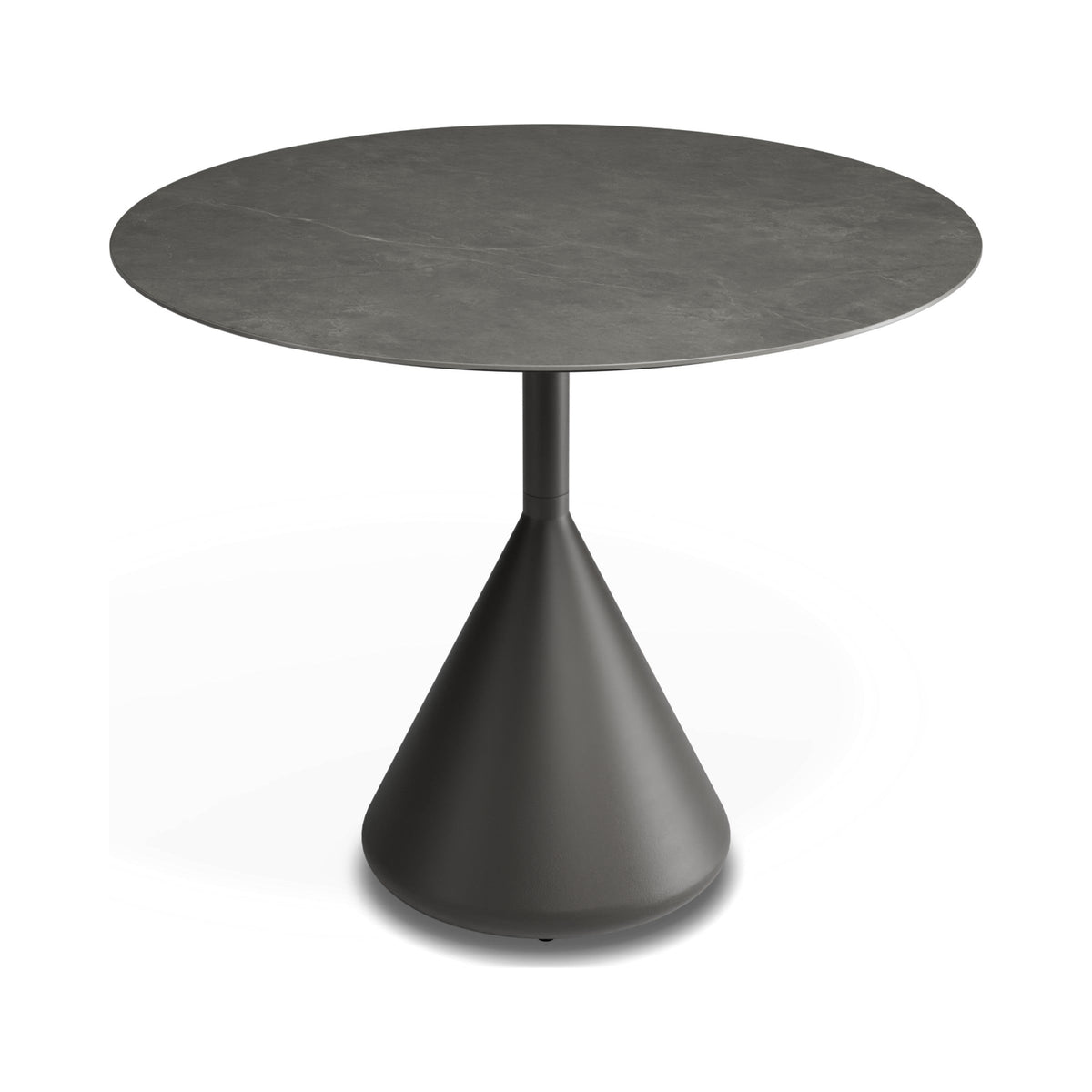 Kora 900 mm café table with charcoal base and Basalt ceramic top, three-quarter view