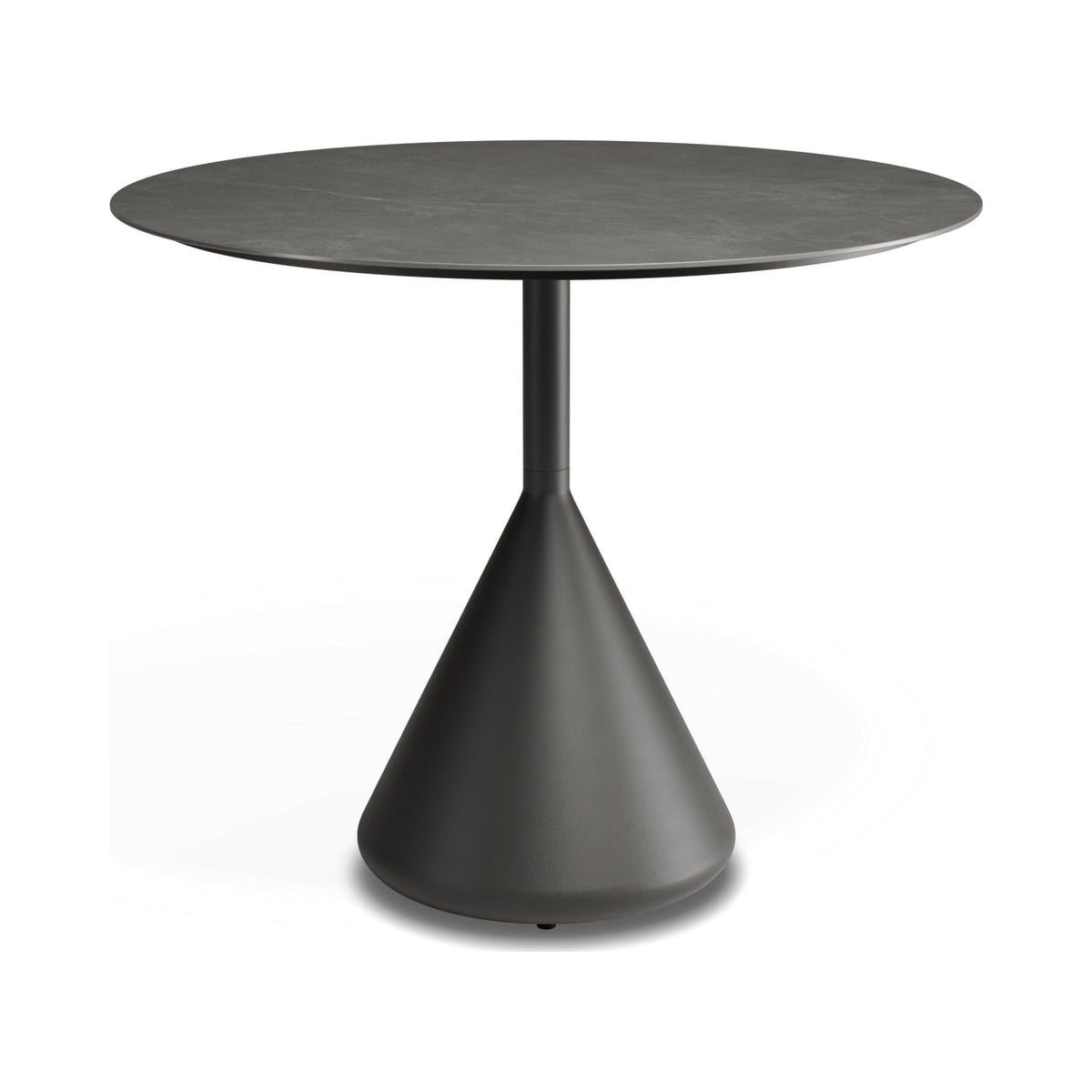 Kora 900 mm café table with charcoal base and Basalt ceramic top, side view