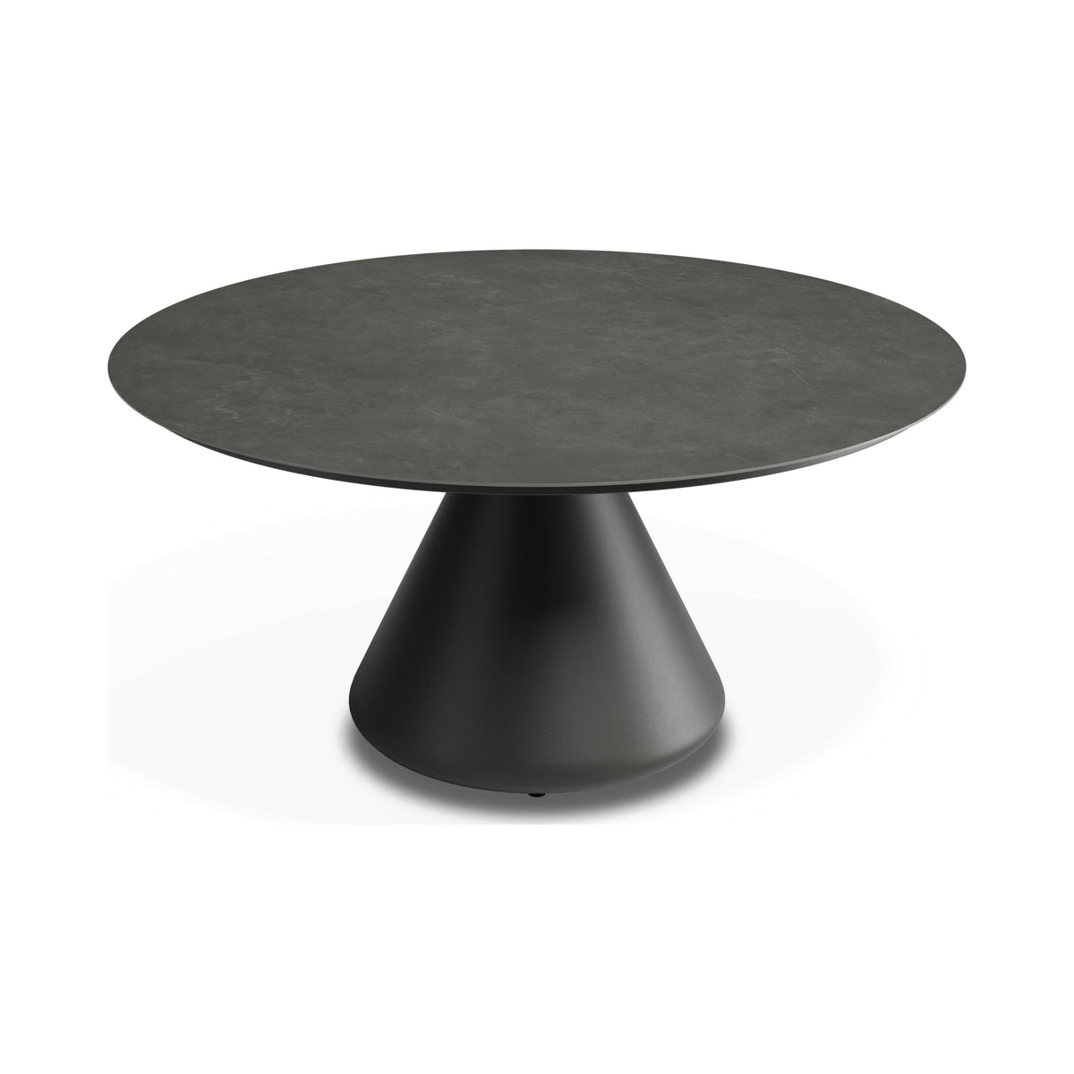 Kora outdoor coffee table with charcoal base and Basalt ceramic top, three-quarter view