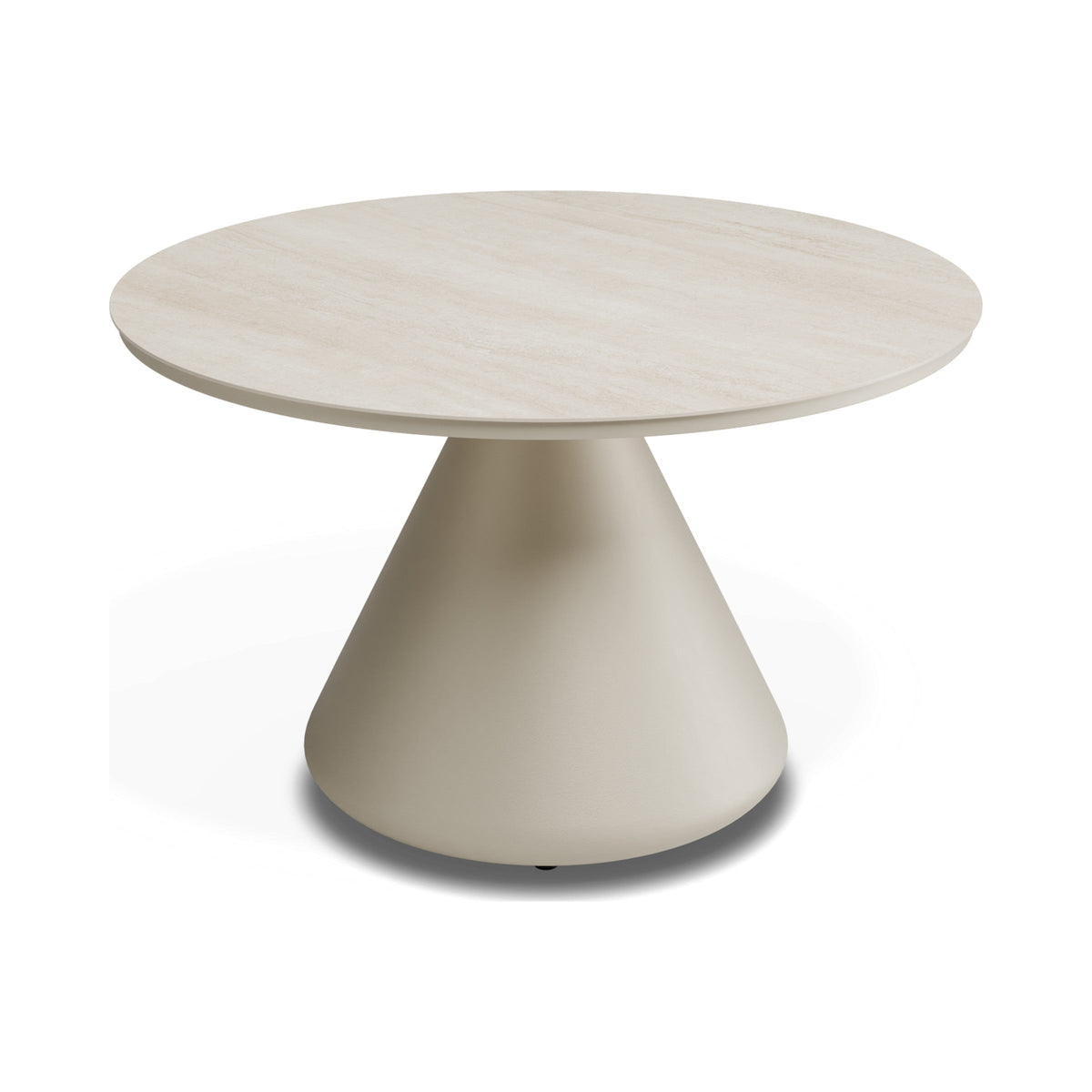Kora outdoor coffee table with latte base and Dune ceramic top, three-quarter view