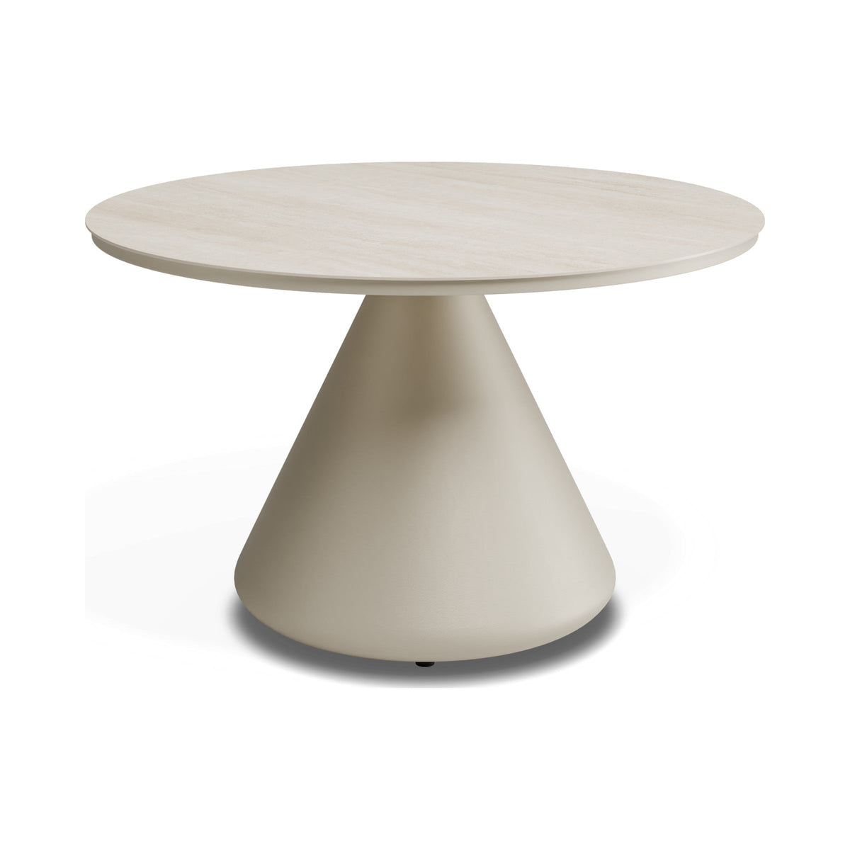 Kora outdoor coffee table with latte base and Dune ceramic top, side view