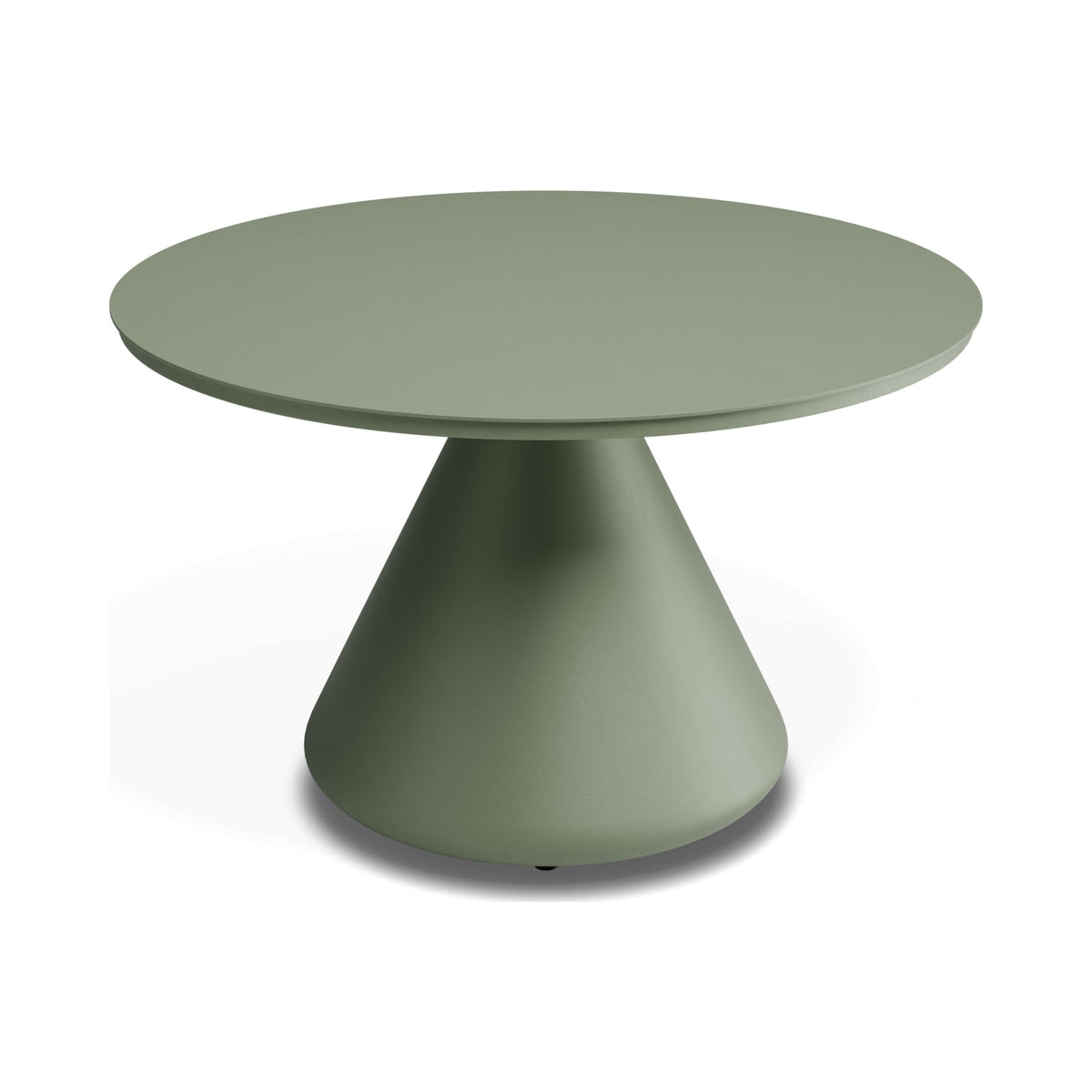 Kora outdoor coffee table in eucalyptus green aluminium, three-quarter view