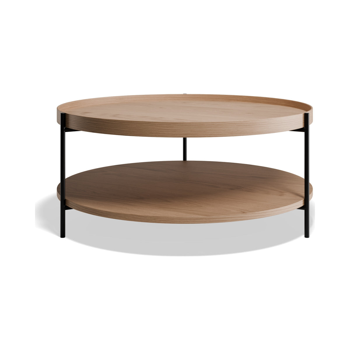 Layer round coffee table in natural oak with black legs, side view
