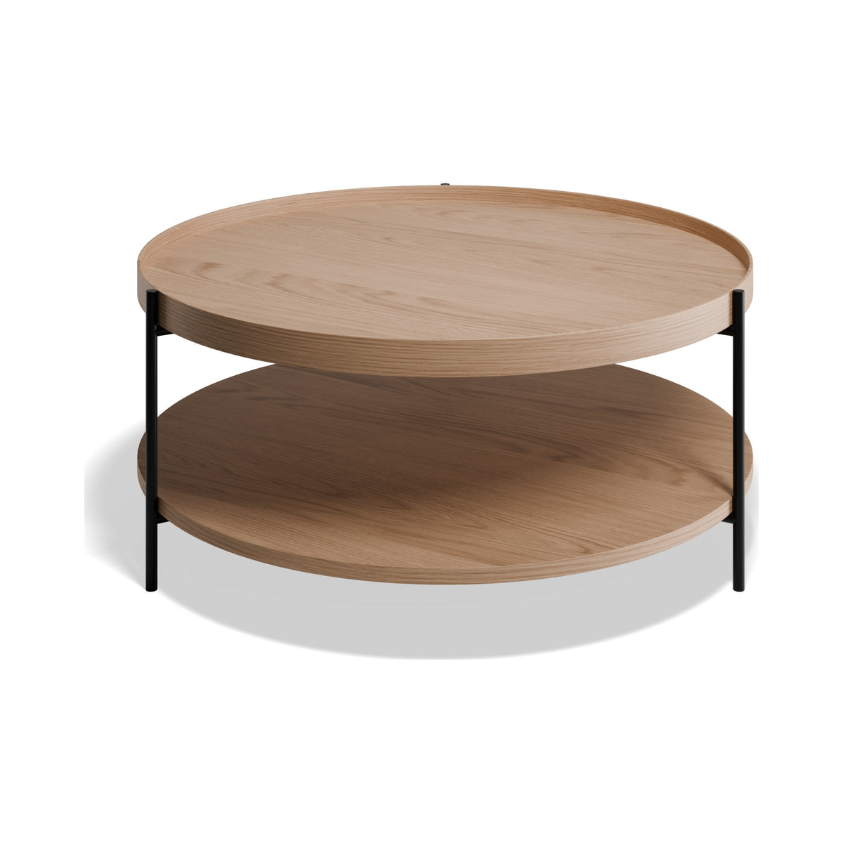 Layer round coffee table in natural oak with black legs, viewed from above
