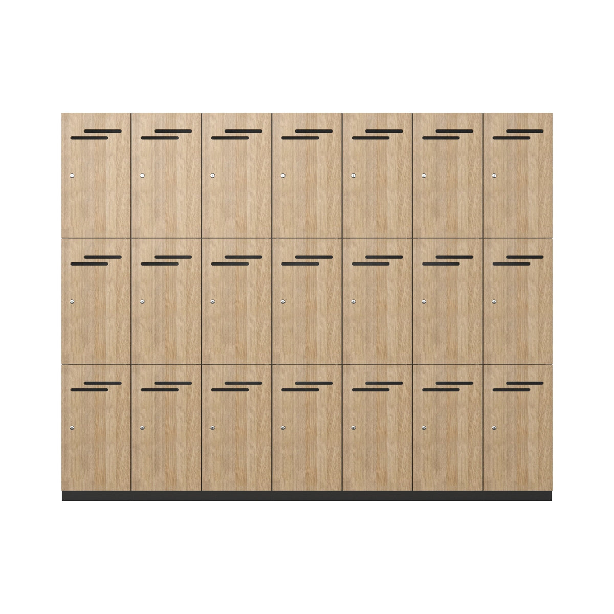 Three-door locker bank with woodgrain doors