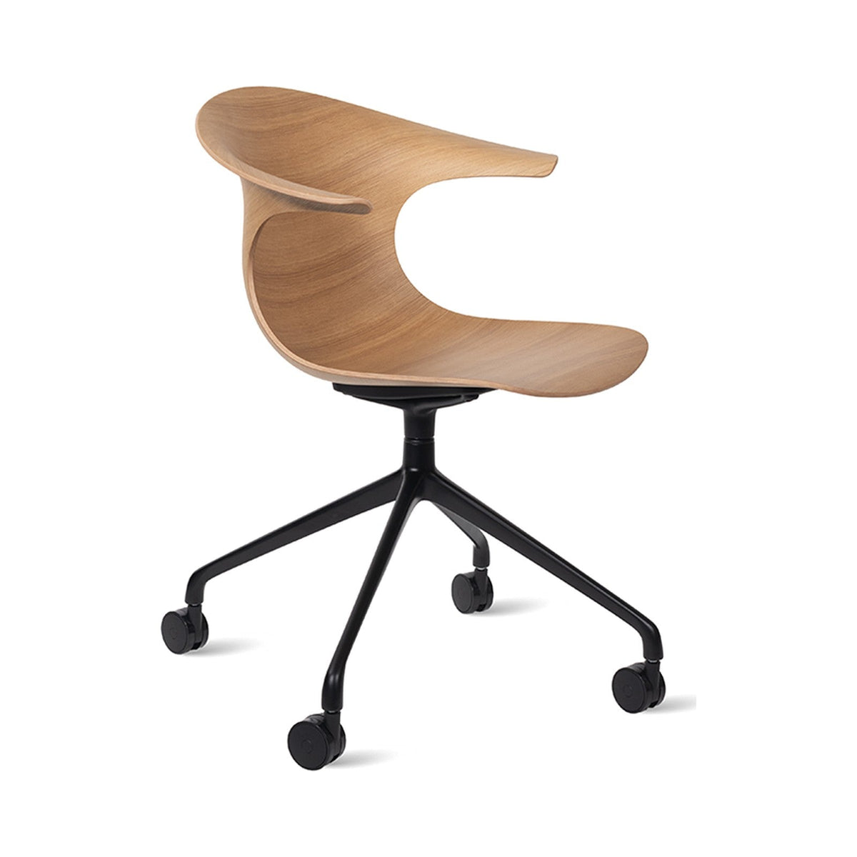 Loop 3D Wood chair on a four-star swivel base with castors