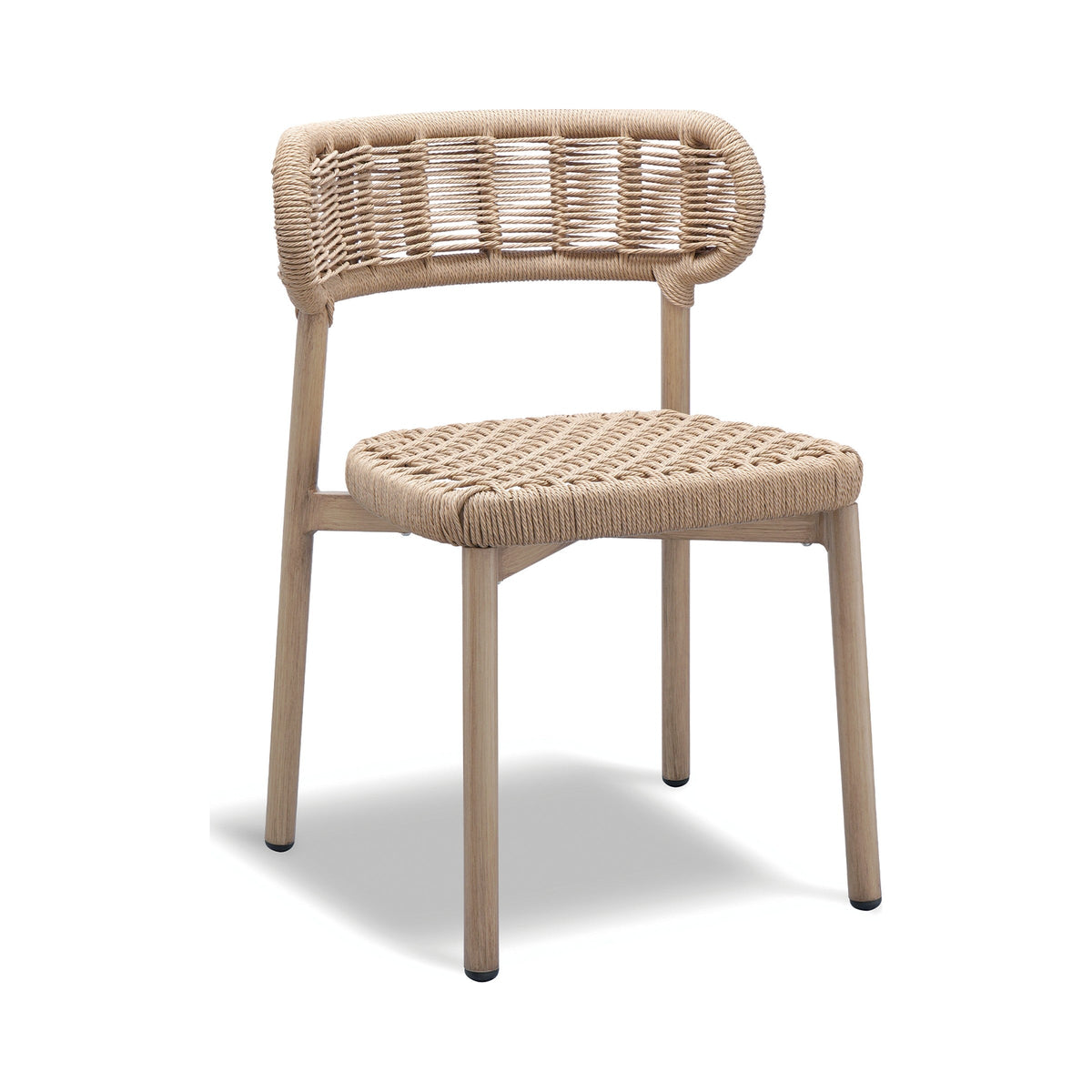 Maya outdoor dining chair with natural rope seat and teak-look frame, three-quarter view