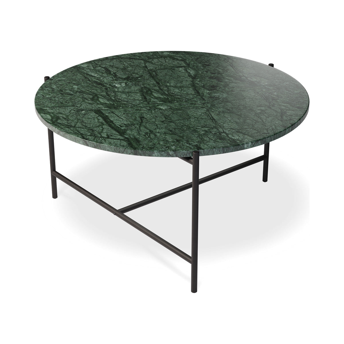 Nexus coffee table with green marble top, three-quarter view