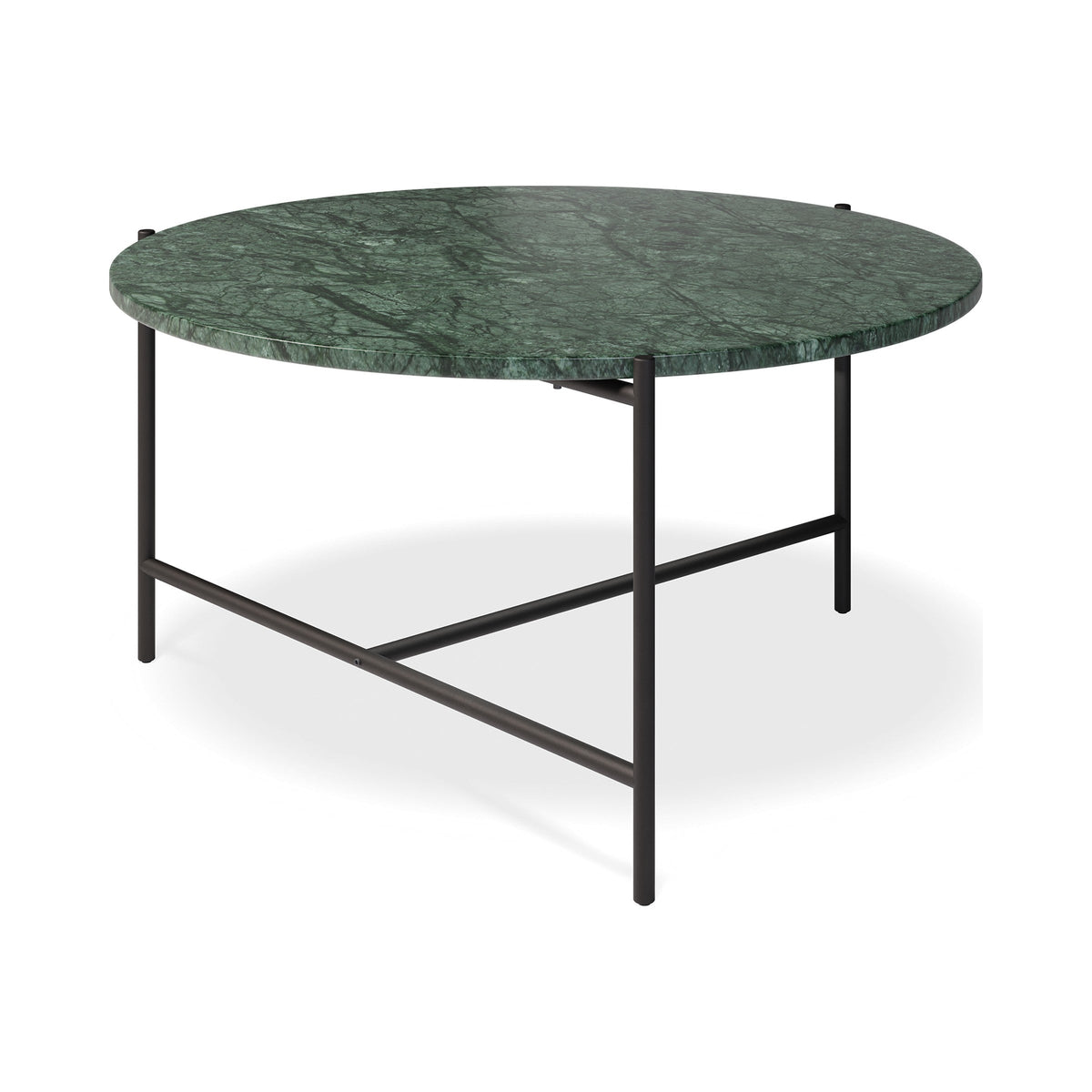 Nexus coffee table with green marble top, side view