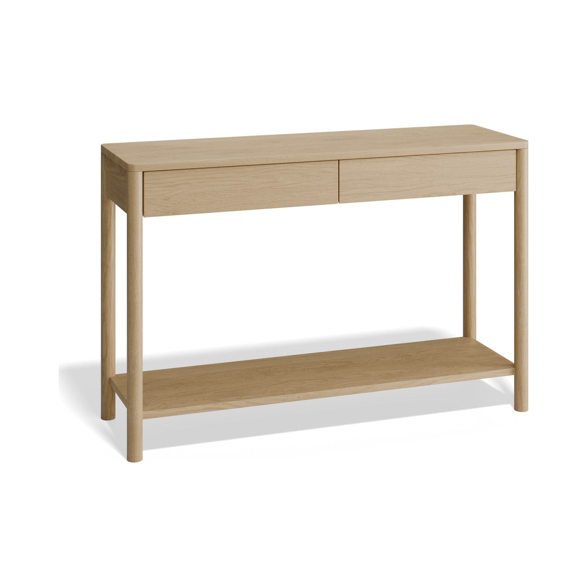 Nordica 1150 mm console table in natural oak, three-quarter view
