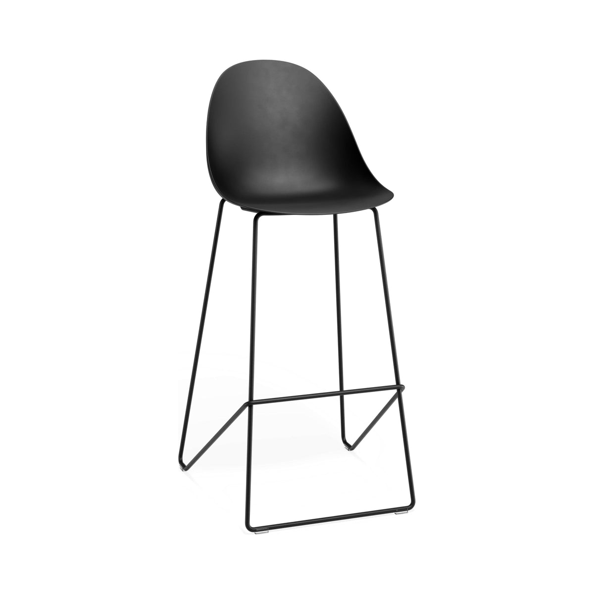 Pebble Stool with a black shell on a black frame, bar height
