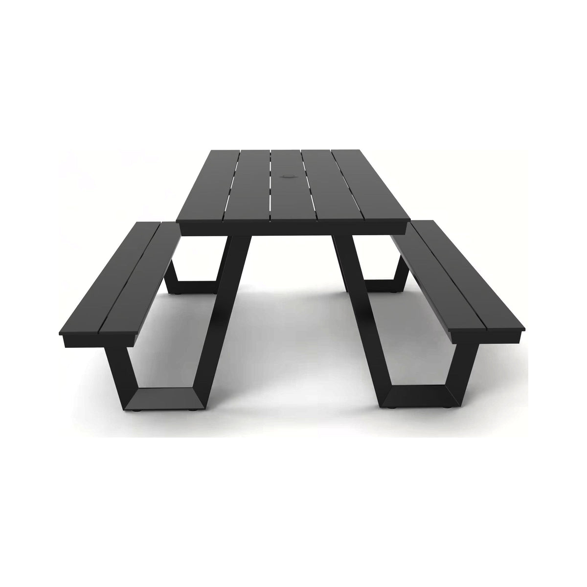 Picnic bench in black, end view