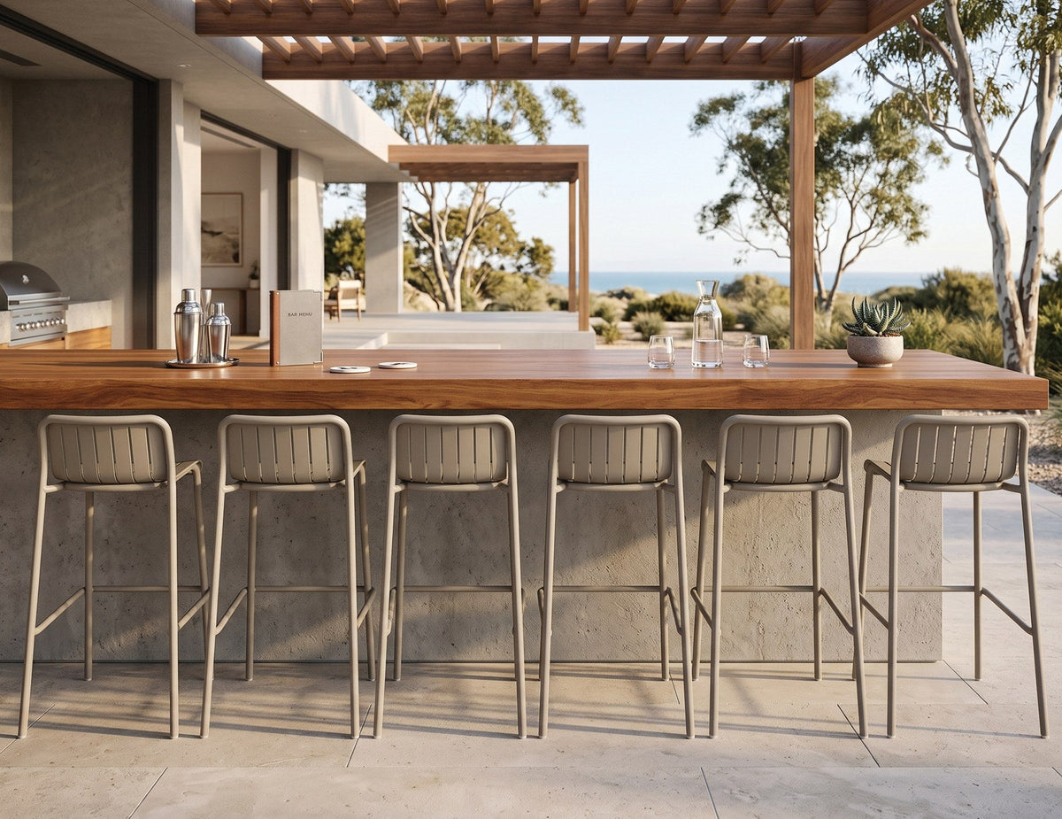 Roku Outdoor Bar Stool in a styled interior