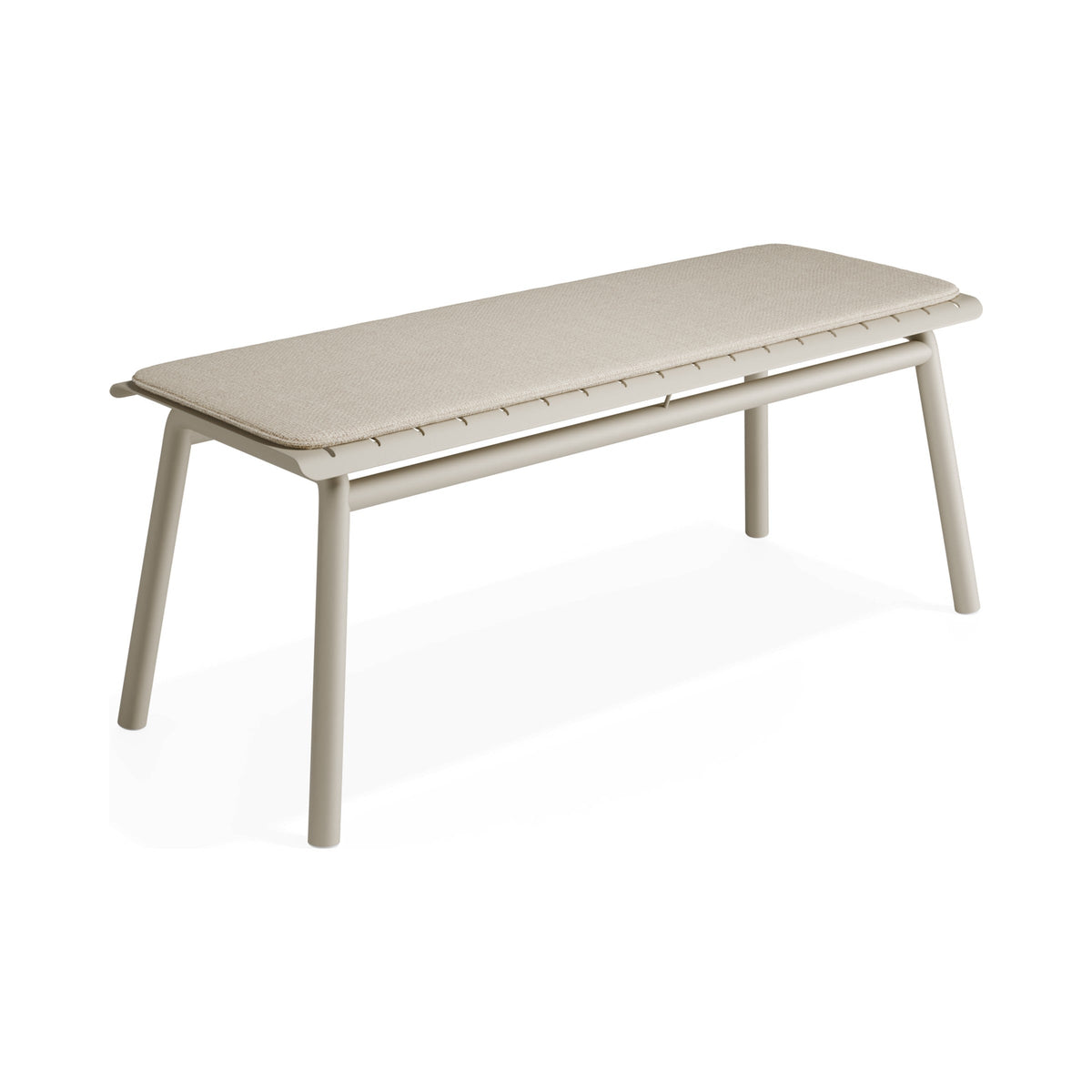 Roku bench in latte with a husk seat pad, side three-quarter view