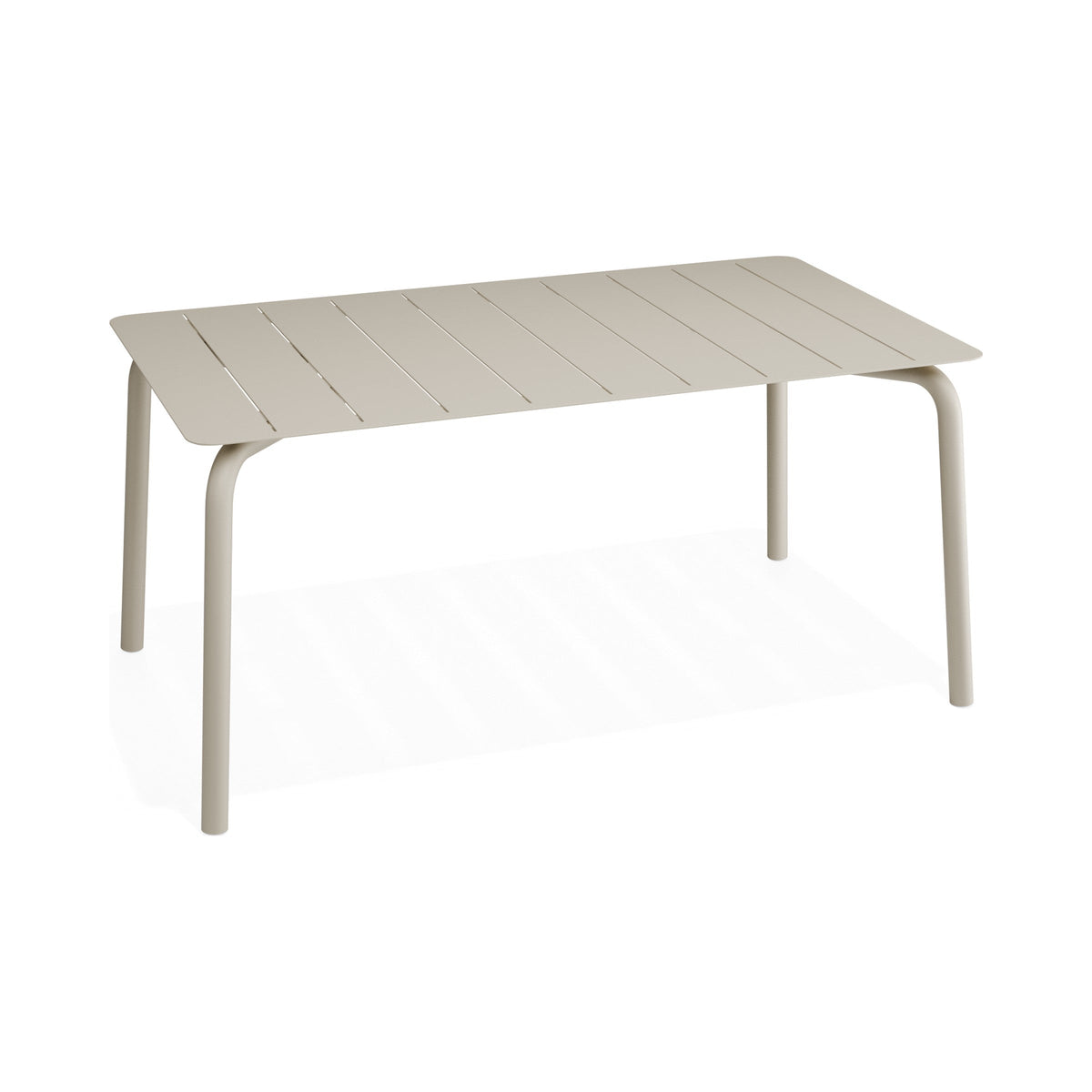 Roku 1600 mm dining table in latte with slatted aluminium top, end three-quarter view