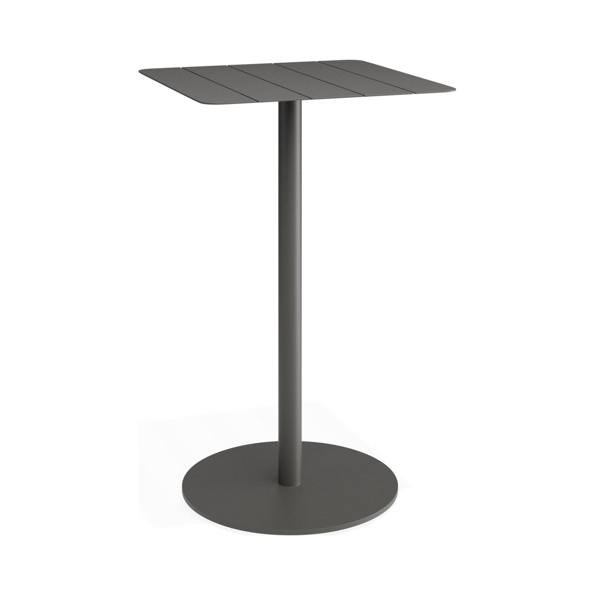 Roku high bar table in charcoal with slatted aluminium top, three-quarter view