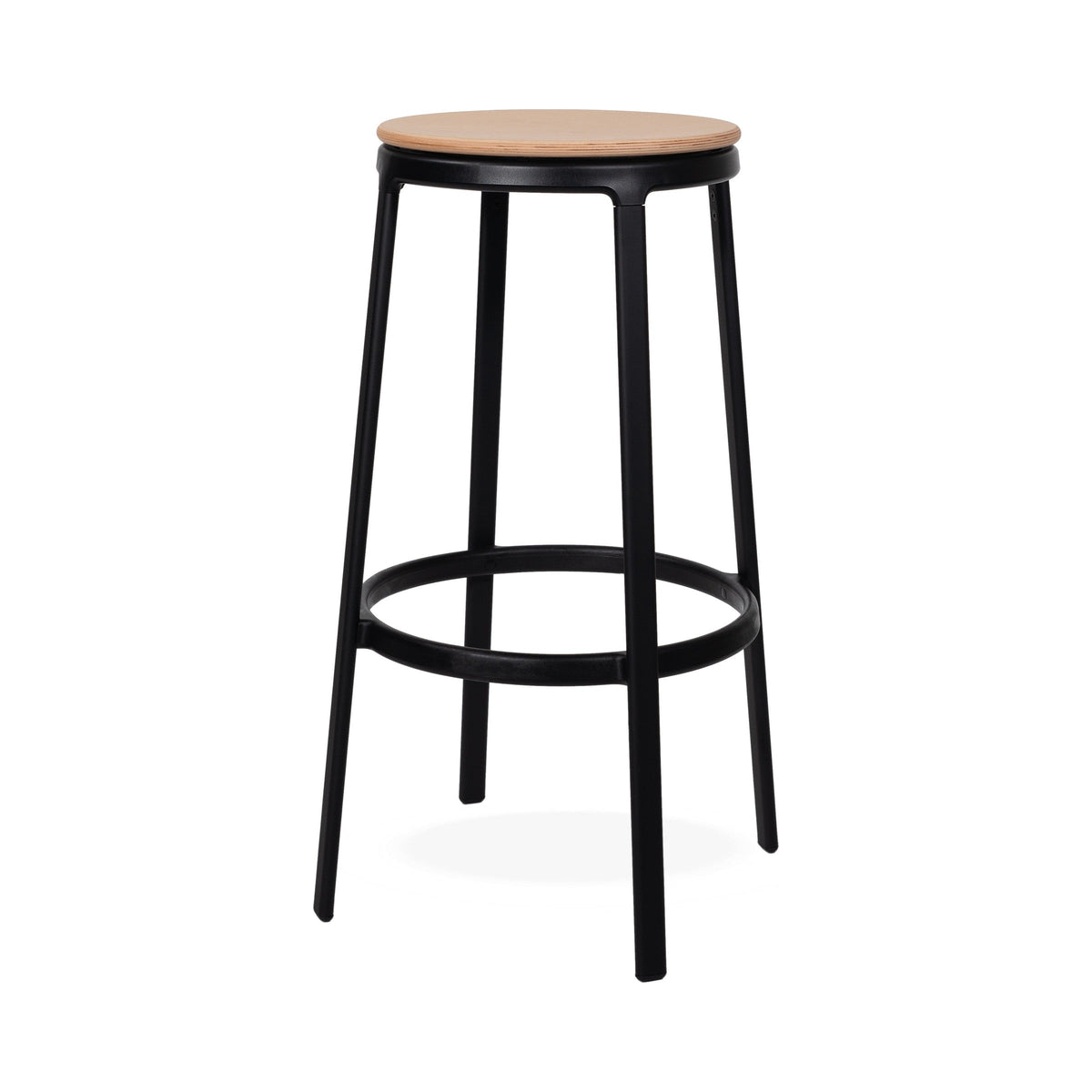 Round bar stool with a natural ash seat