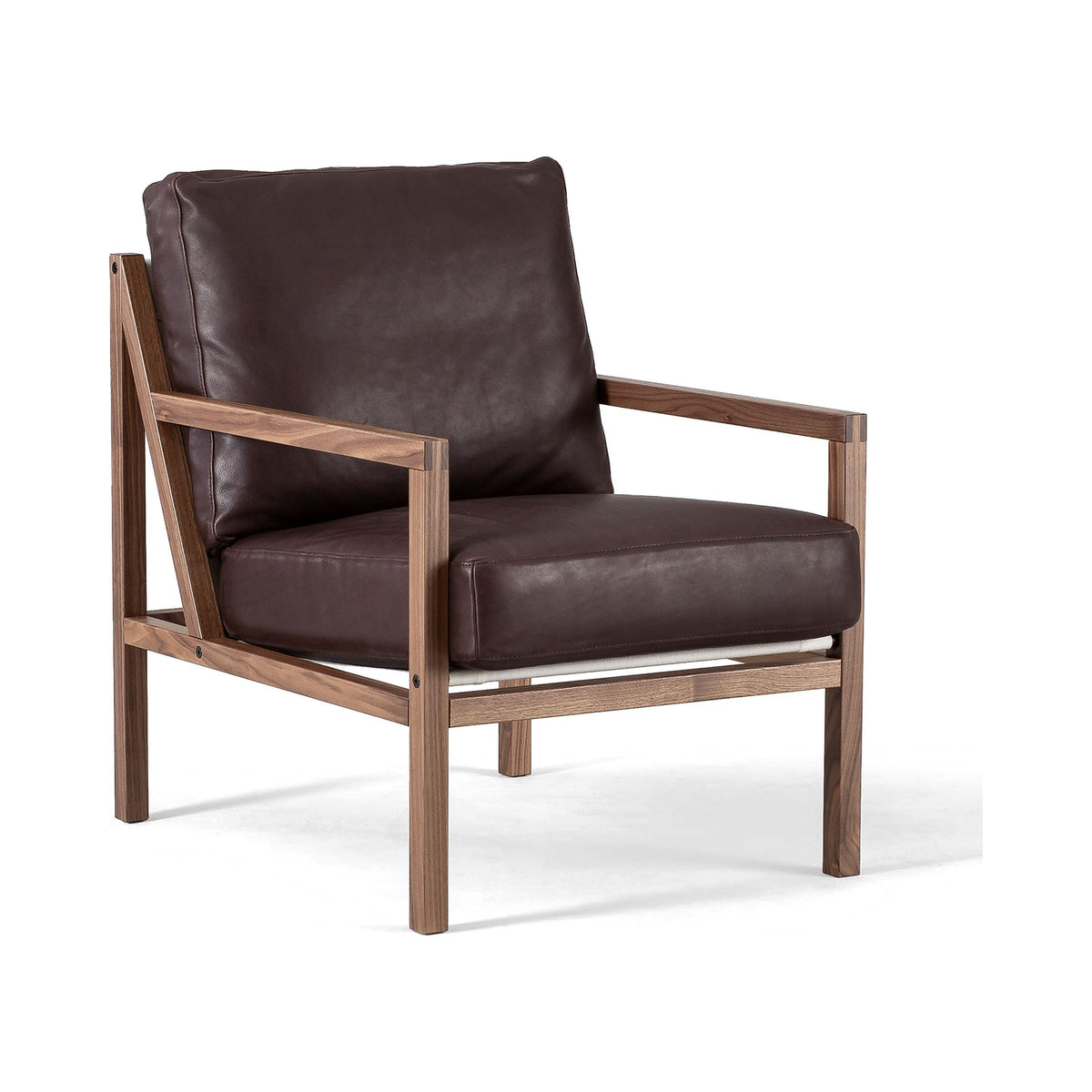 Seventy Five Wood in walnut with dark leather, front view