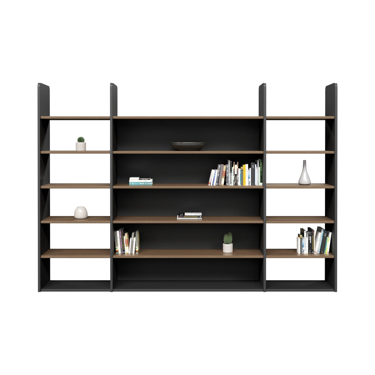 Showcase display unit in black and walnut-look, styled with books